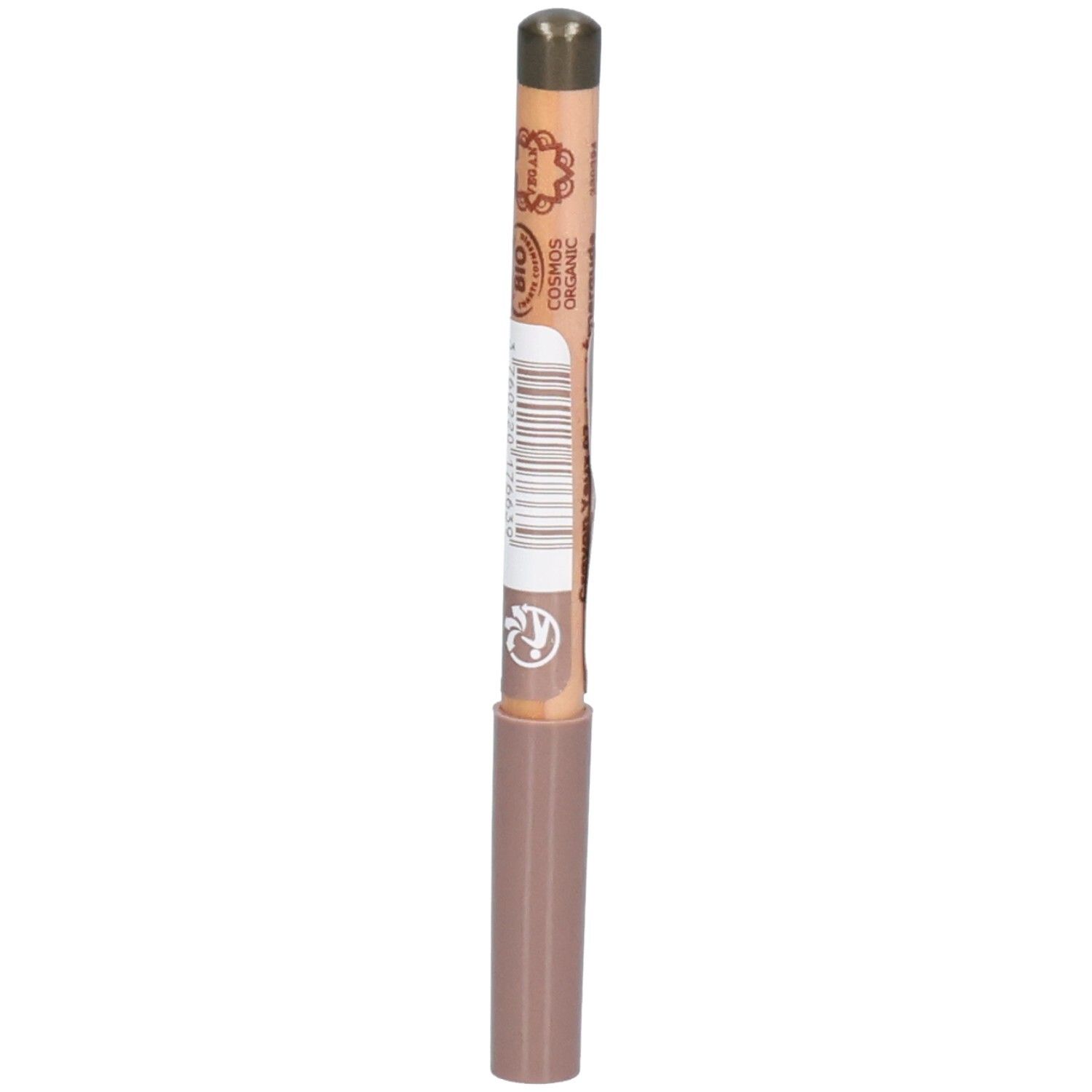 Stift mit brauner Mine und Holzschaft. Der Schaft ist mit Informationen bedruckt. Der Stift hat eine braune Kappe. Bio Cosmos Organic.