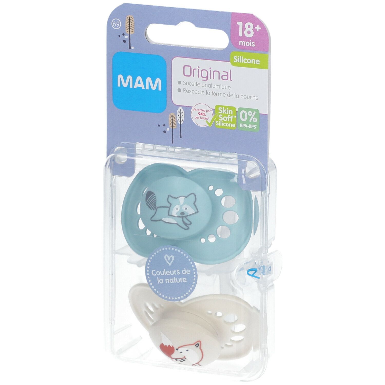 MAM Original Schnuller, blau und weiß, in Verpackung. Mit Tier-Motiven. Für 18+ Monate.