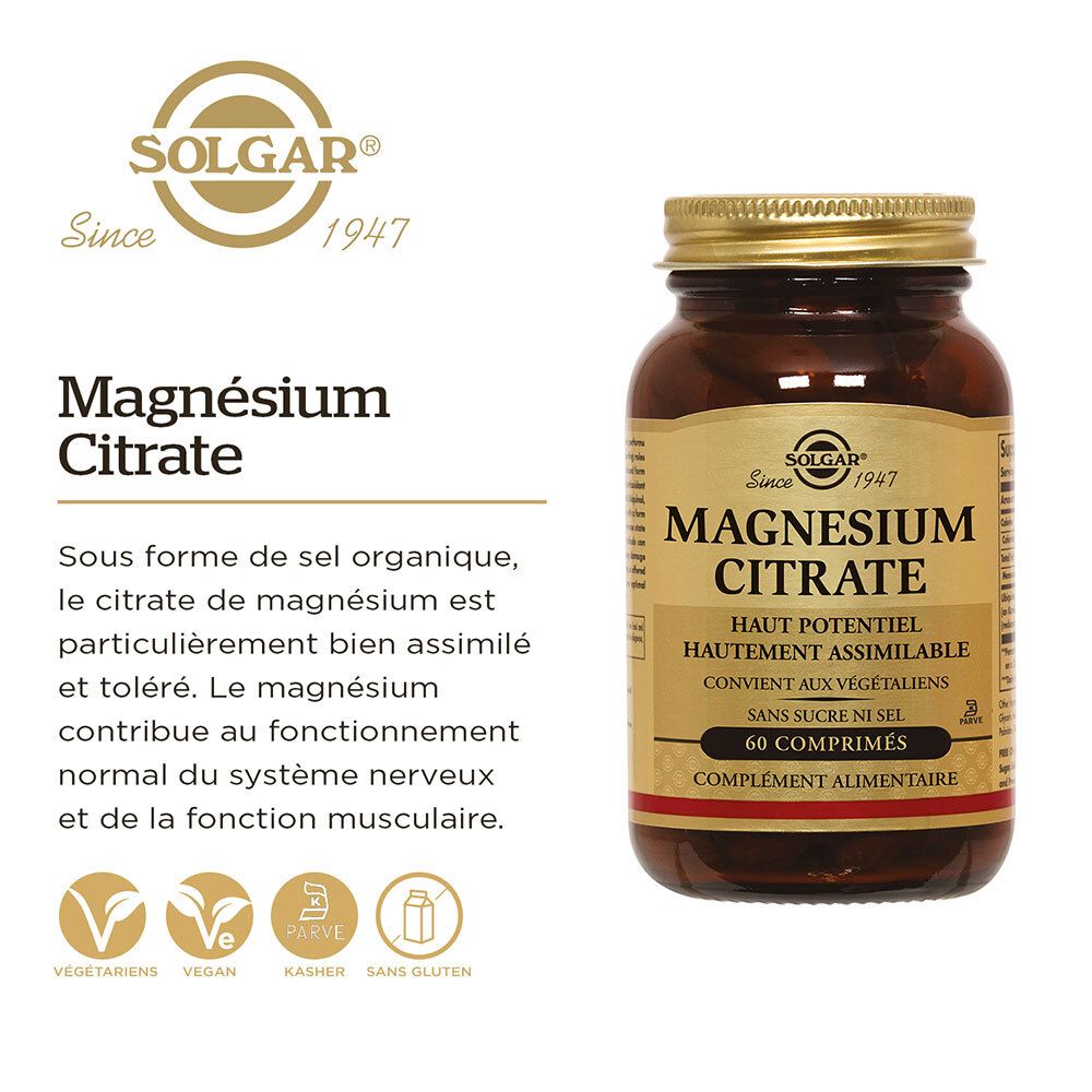 Flacon SOLGAR Magnesium Citrate. Texte : Magnesium Citrate. Vegan, végétarien, casher, sans gluten.