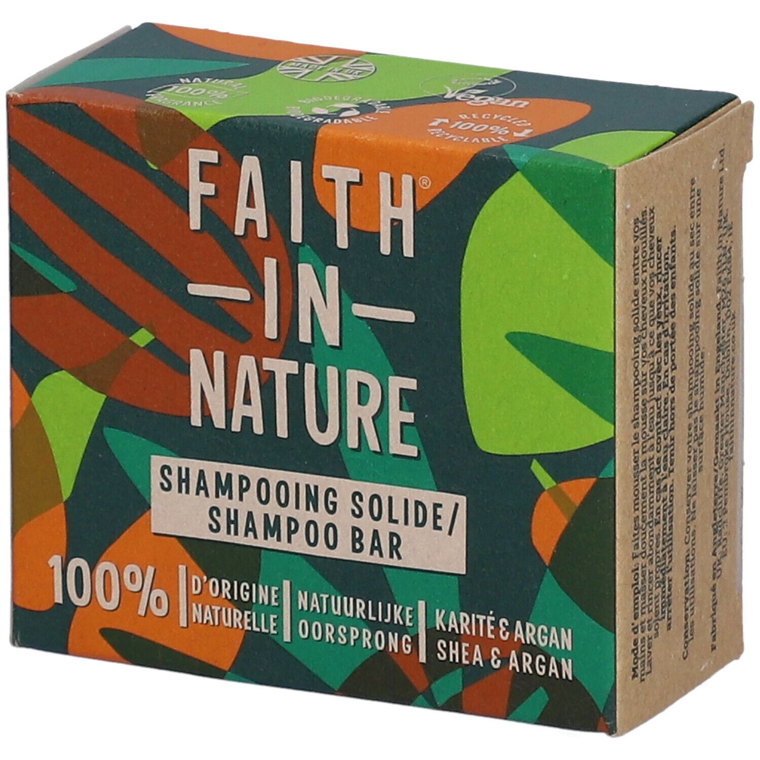 Boîte en carton avec logo "FAITH IN NATURE". Texte "Shampooing Solide/Shampoo Bar". Mention "Shea & Argan". Vert, marron et orange.