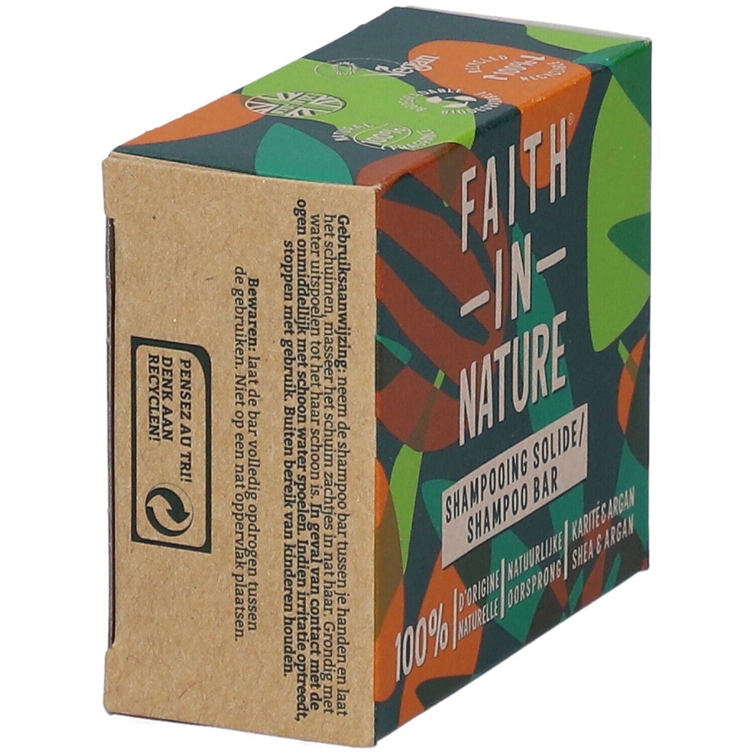 Boîte en carton avec logo "FAITH IN NATURE". Texte "Shampooing Solide/Shampoo Bar". Mention "Shea & Argan". Vert, marron et orange.
