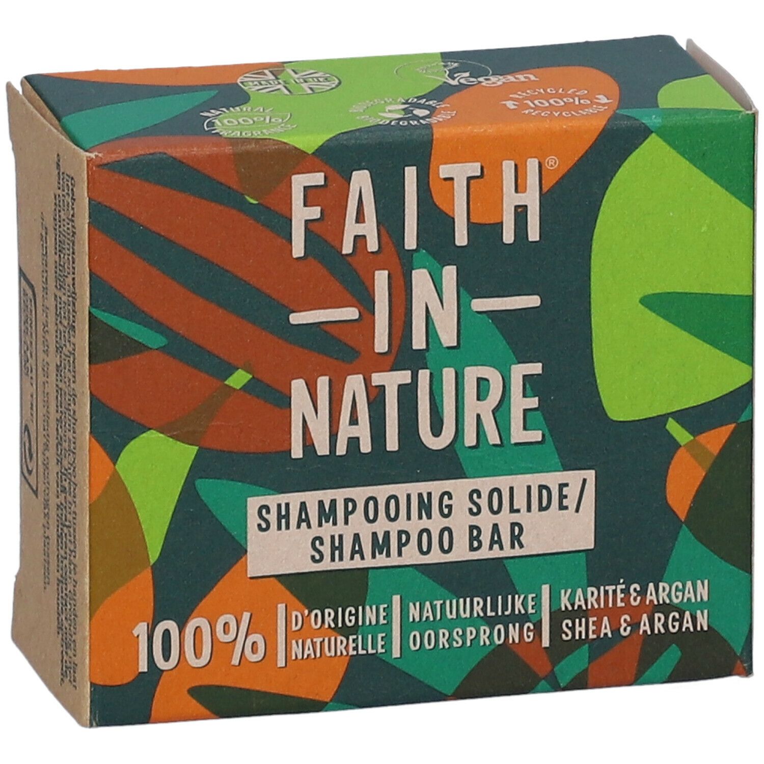 Boîte en carton avec logo "FAITH IN NATURE". Texte "Shampooing Solide/Shampoo Bar". Mention "Shea & Argan". Vert, marron et orange.