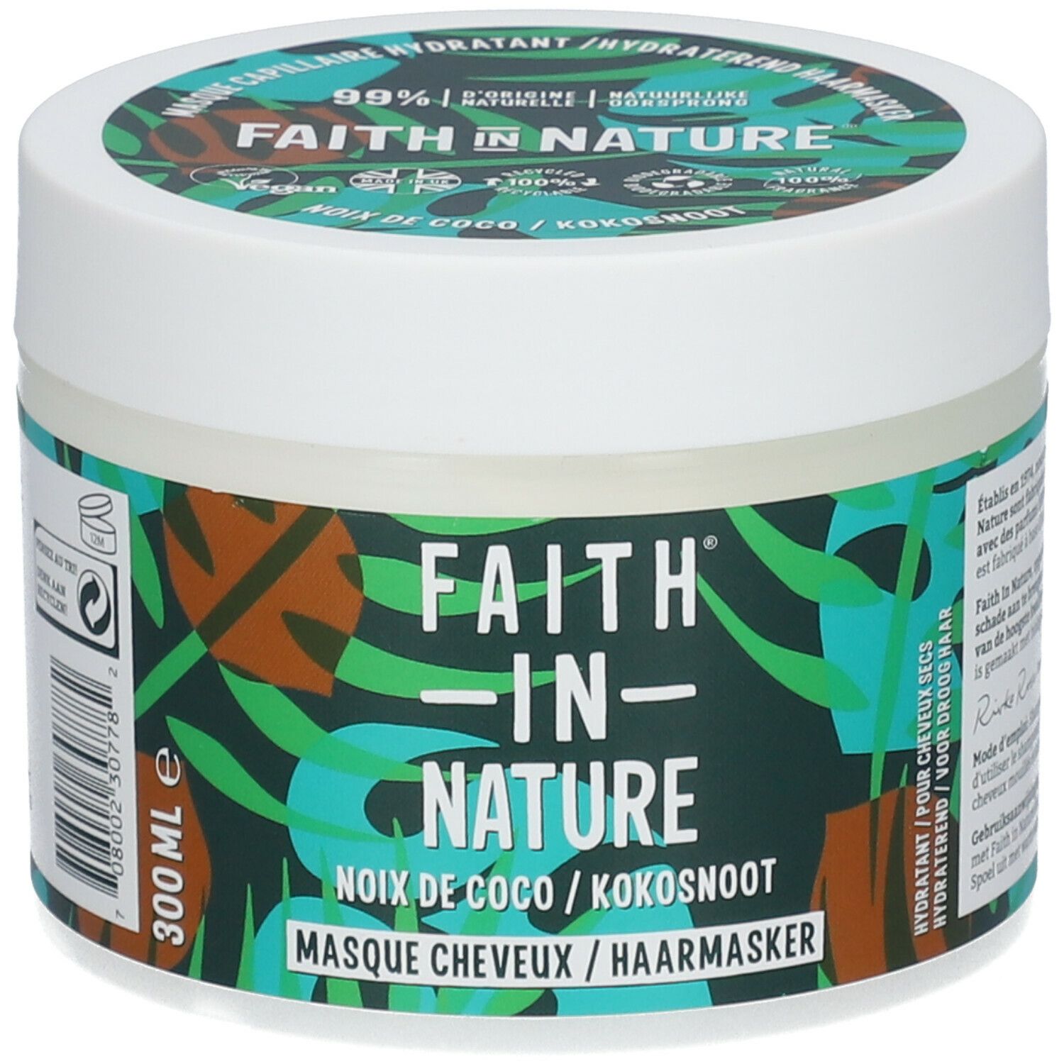 Runde Dose mit grün-weißem Etikett. Aufschrift: FAITH IN NATURE, Kokosnuss-Haarmaske. 300 ml. Deckel mit Logo und Text.