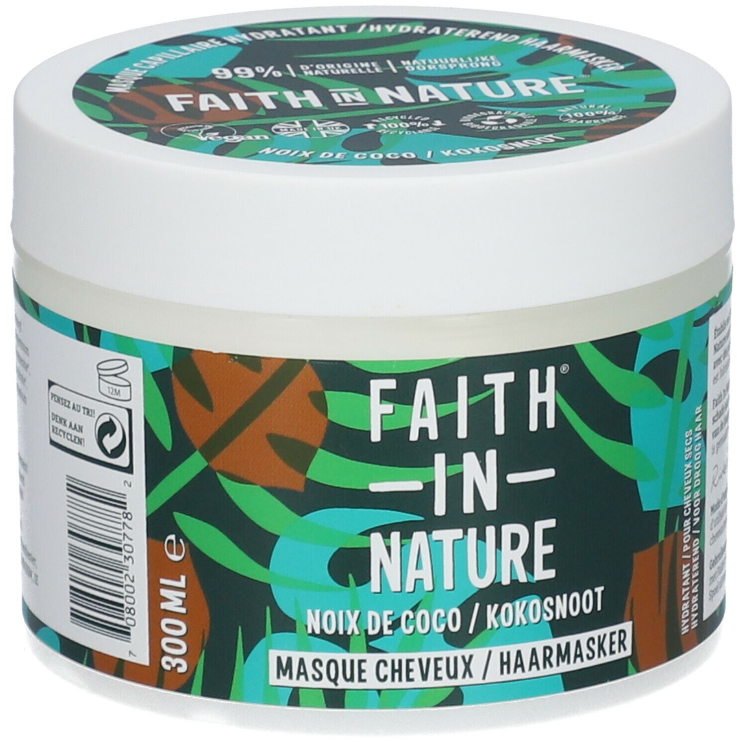 Runde Dose mit grün-weißem Etikett. Aufschrift: FAITH IN NATURE, Kokosnuss-Haarmaske. 300 ml. Deckel mit Logo und Text.