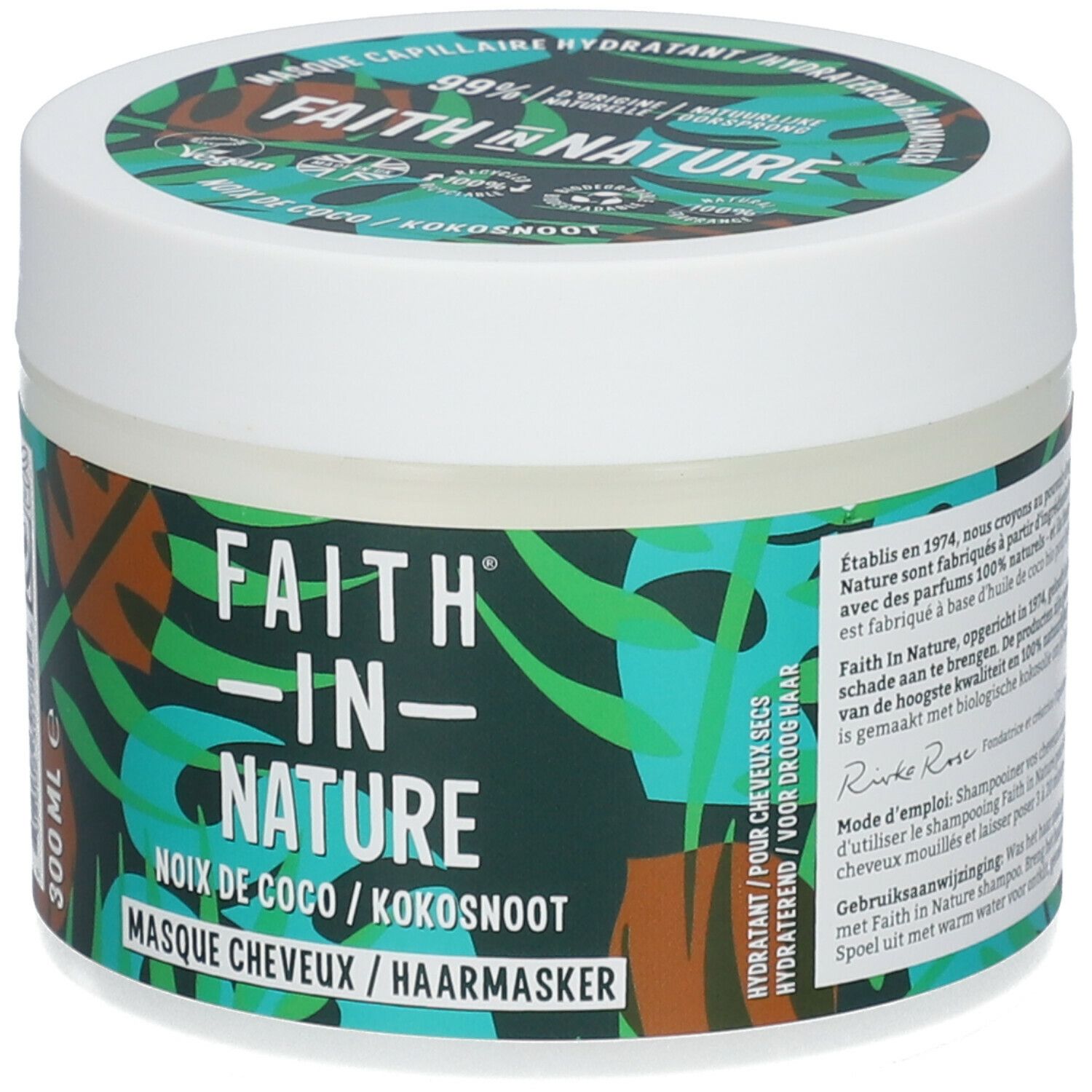 Runde Dose mit grün-weißem Etikett. Aufschrift: FAITH IN NATURE, Kokosnuss-Haarmaske. 300 ml. Deckel mit Logo und Text.