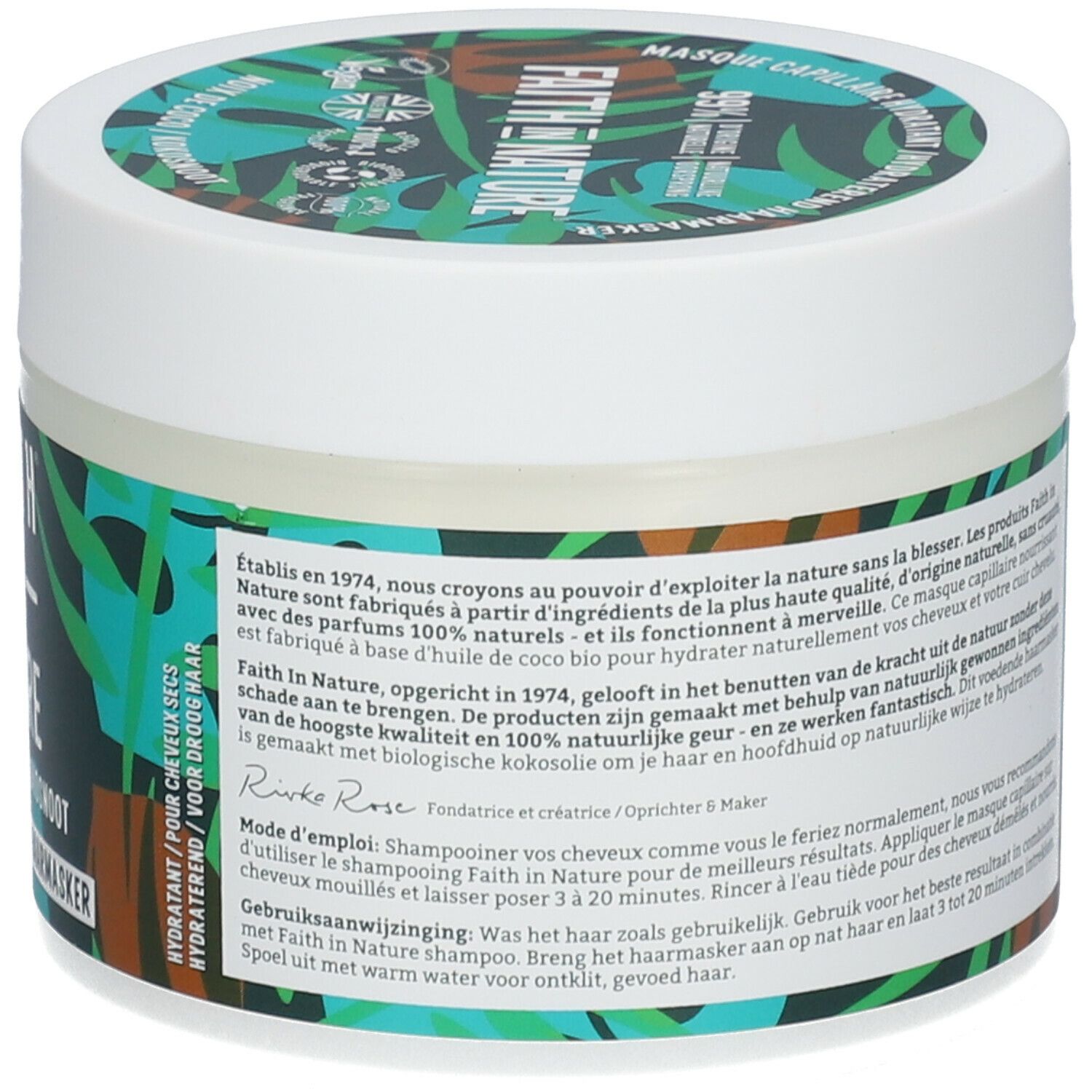 Runde Dose mit grün-weißem Etikett. Aufschrift: FAITH IN NATURE, Kokosnuss-Haarmaske. 300 ml. Deckel mit Logo und Text.
