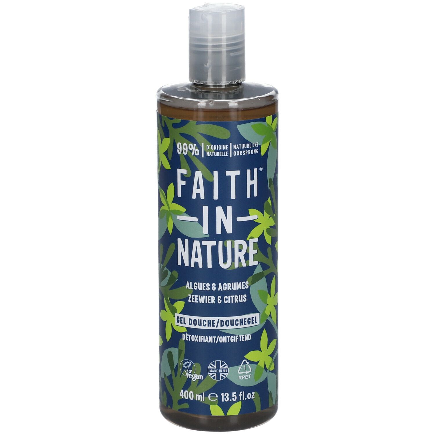 Duschgel-Flasche mit grünem Etikett. Aufschrift: FAITH IN NATURE, Algen & Zitrusfrüchte. Vegan-Logo, 400 ml.
