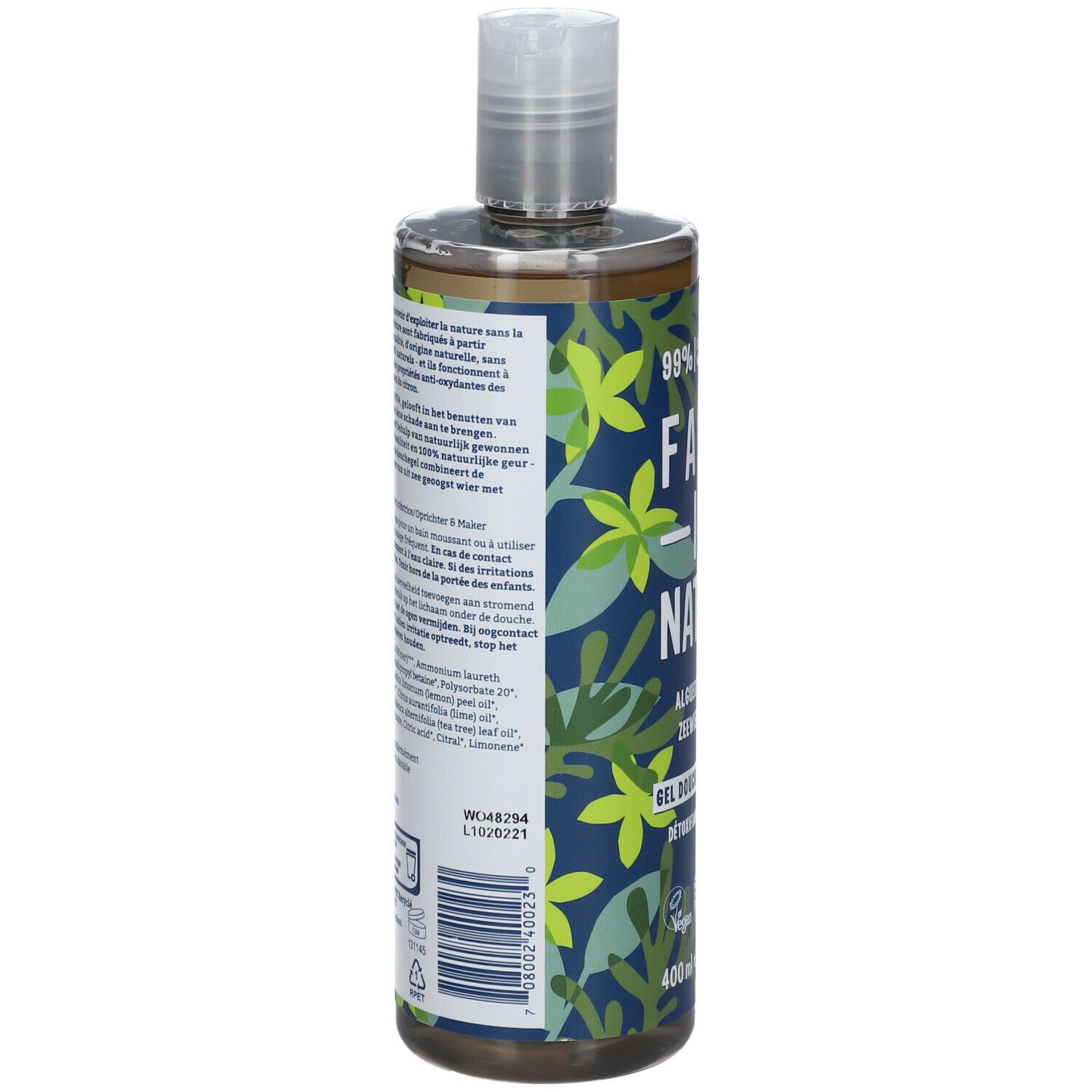 Rückseite der Duschgel-Flasche. Text in mehreren Sprachen. Vegan-Logo, Recycling-Symbol, 400 ml.