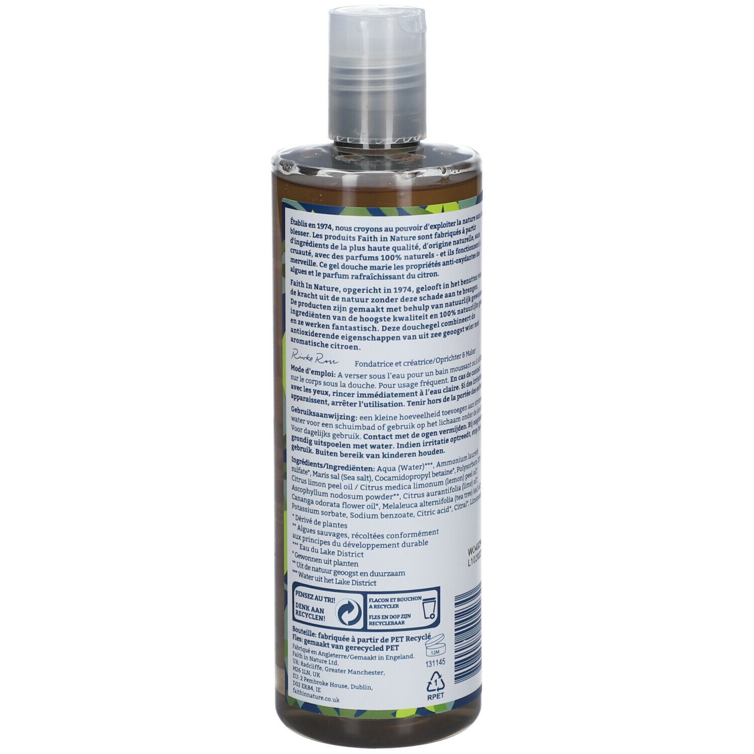 Rückseite der Duschgel-Flasche. Text in mehreren Sprachen. Vegan-Logo, Recycling-Symbol, 400 ml.