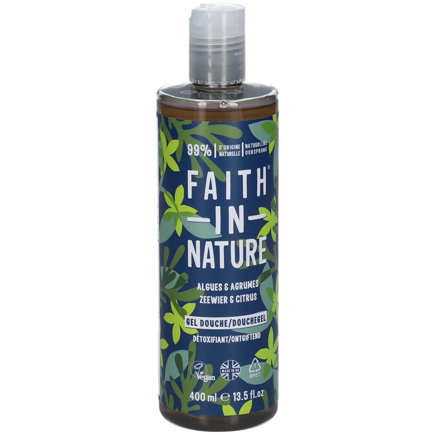 Duschgel-Flasche mit grünem Etikett. Aufschrift: FAITH IN NATURE, Algen & Zitrusfrüchte. Vegan-Logo, 400 ml.