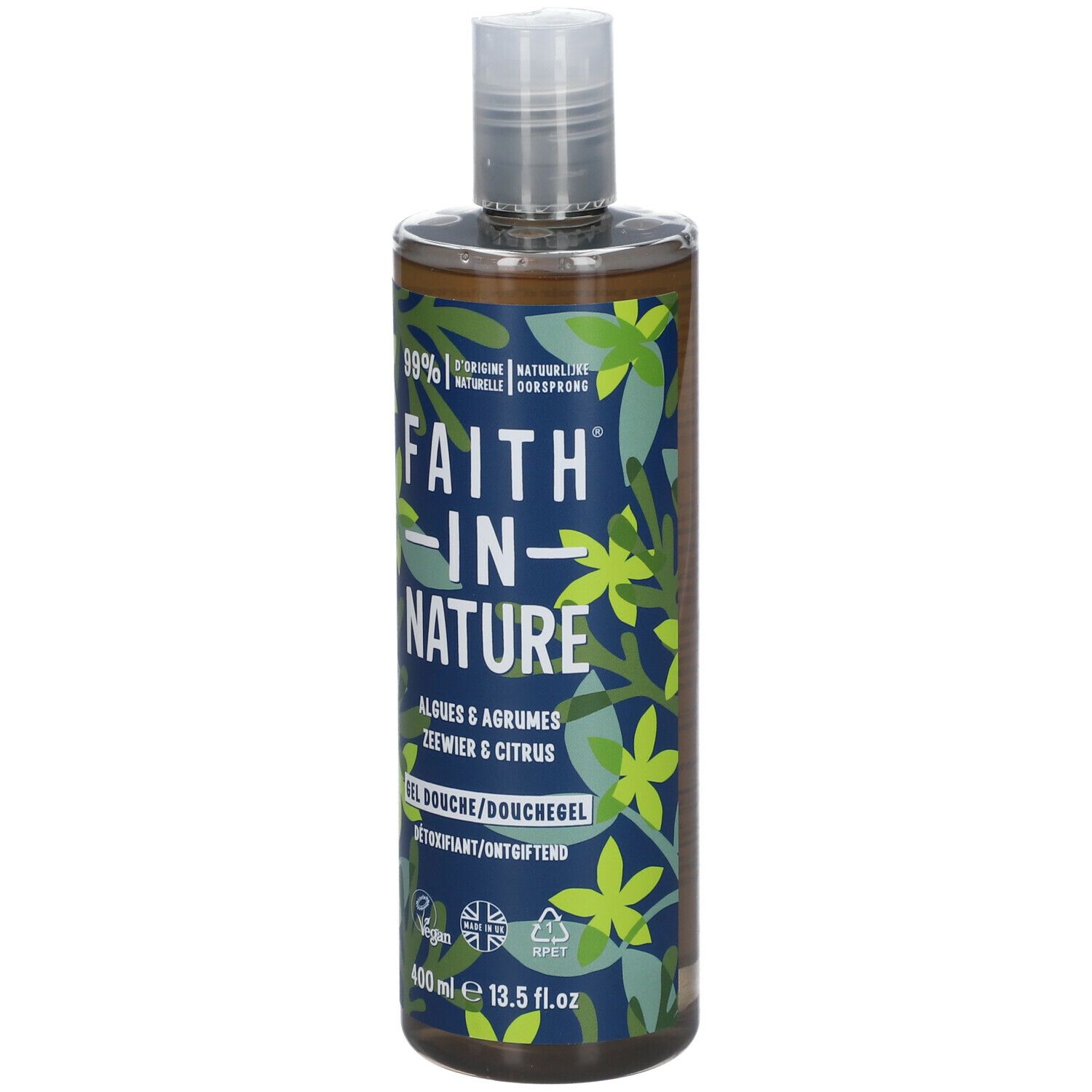 Duschgel-Flasche mit grünem Etikett. Aufschrift: FAITH IN NATURE, Algen & Zitrusfrüchte. Vegan-Logo, 400 ml.