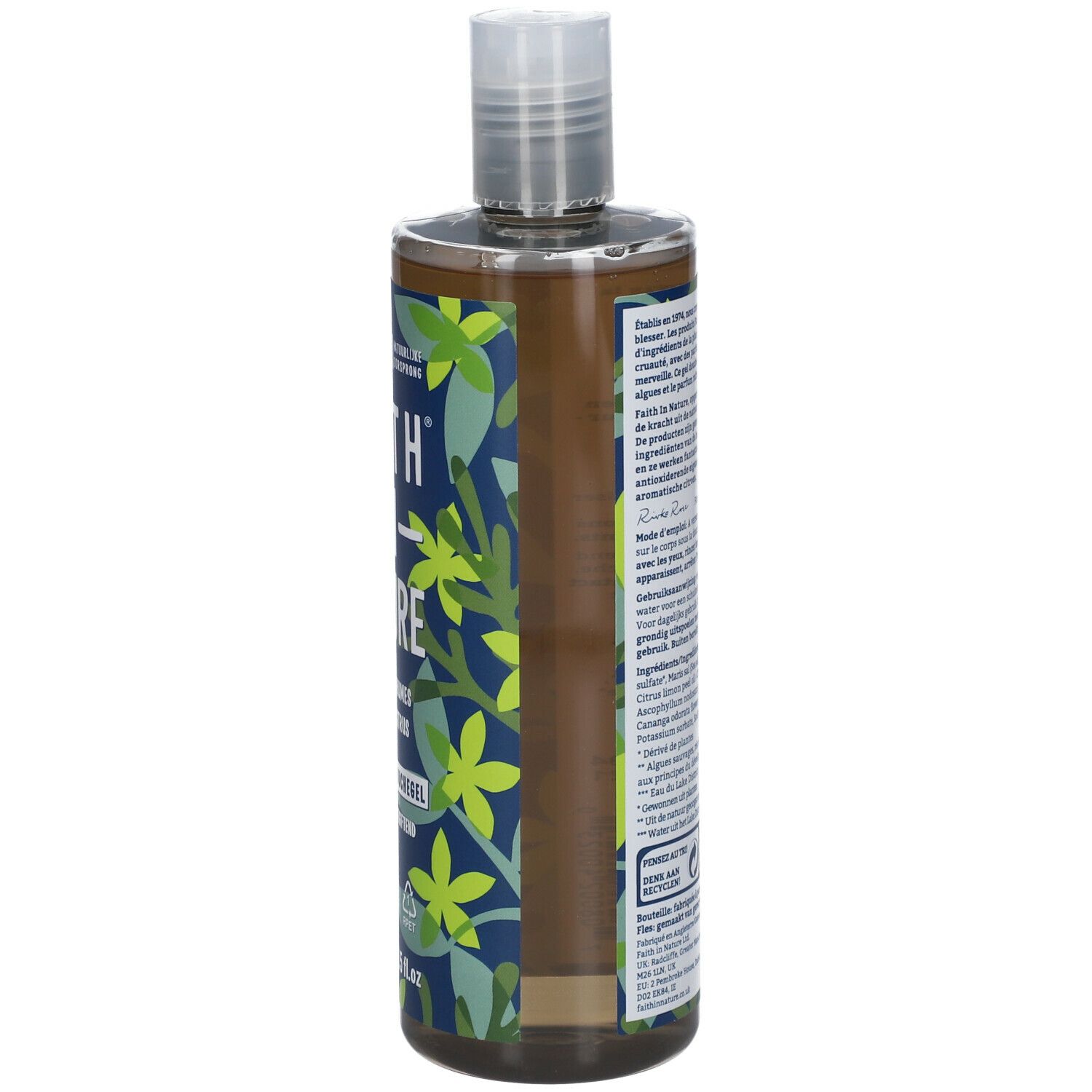 Duschgel-Flasche mit grünem Etikett. Aufschrift: FAITH IN NATURE, Algen & Zitrusfrüchte. Vegan-Logo, 400 ml.