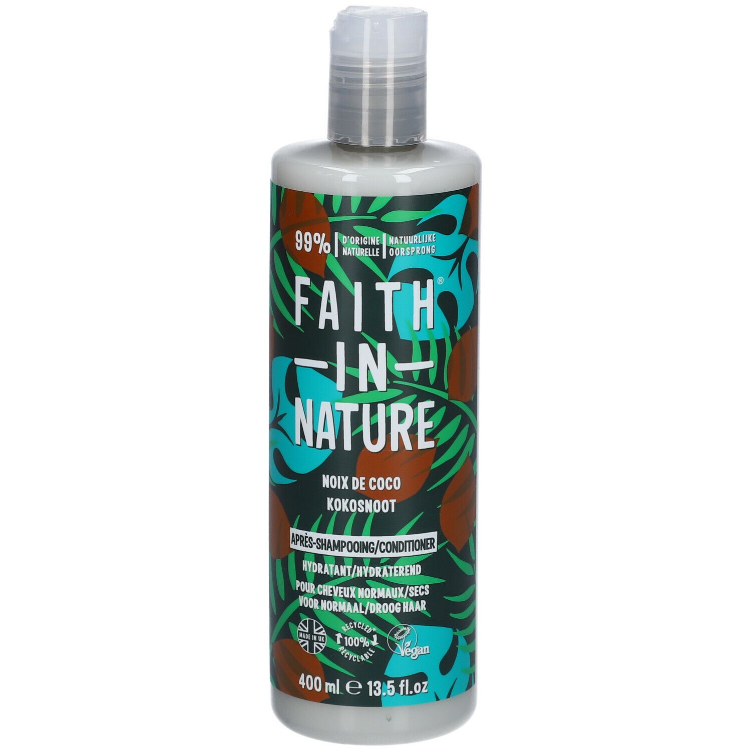 Flacon de revitalisant à la noix de coco. Inscription : FAITH IN NATURE, 99% d'origine naturelle. 400 ml.