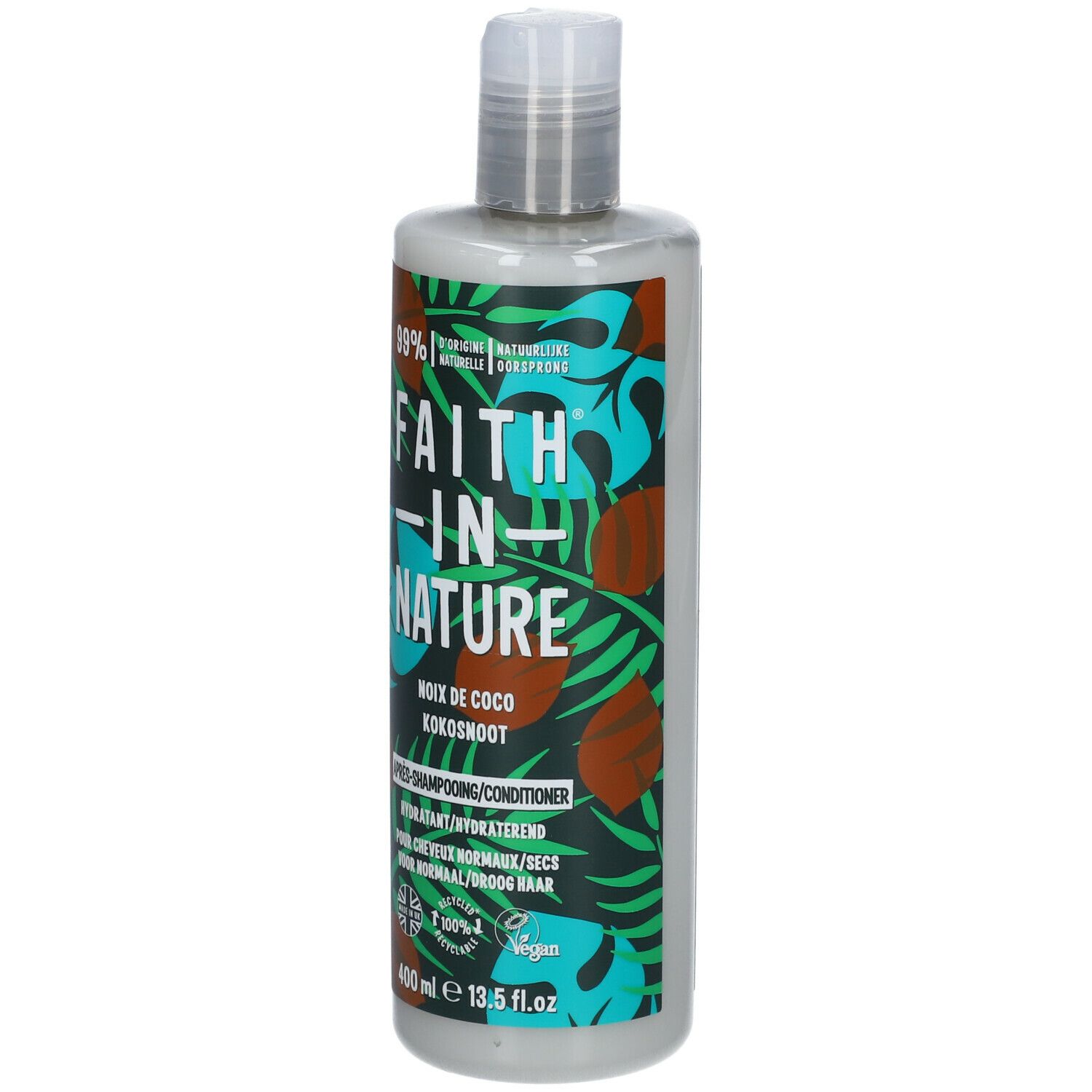 Flacon de revitalisant à la noix de coco. Inscription : FAITH IN NATURE, 99% d'origine naturelle. 400 ml.