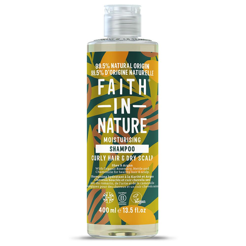 Flasche Shampoo. Aufschrift: FAITH IN NATURE, feuchtigkeitsspendend, für lockiges Haar & trockene Kopfhaut. Vegan. 400 ml.