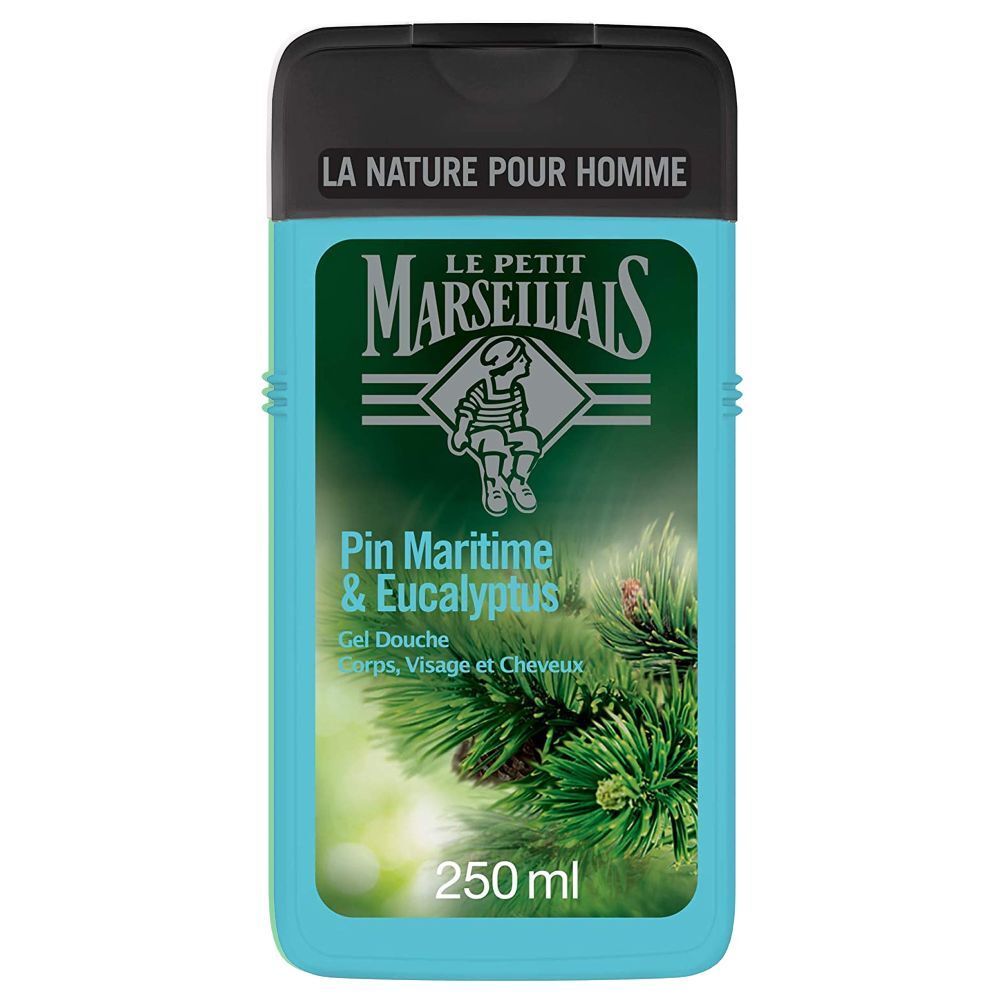 Flacon bleu turquoise avec bouchon noir. Inscription: Le Petit Marseillais, Pin Maritime & Eucalyptus, 250 ml.
