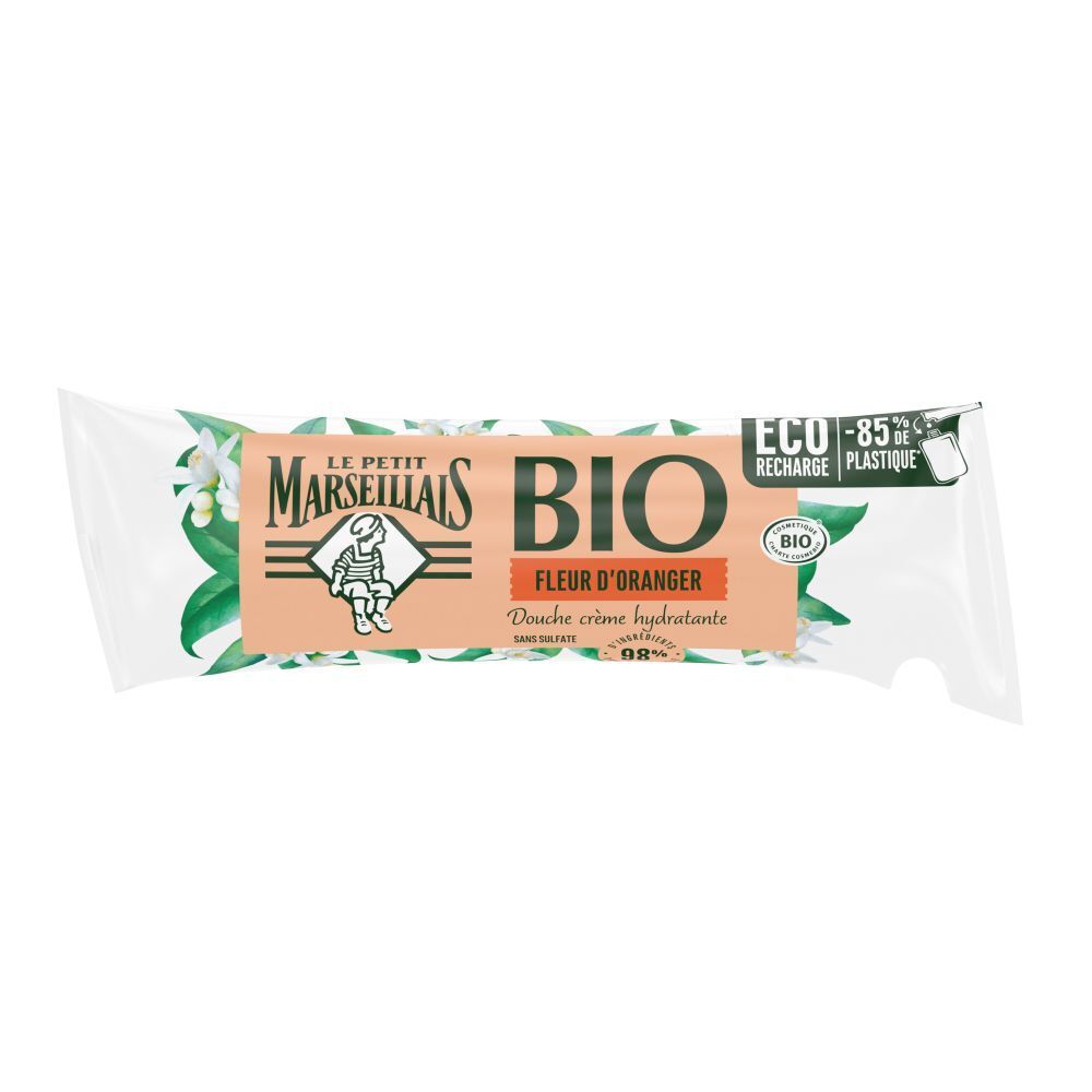 Nachfüllpackung mit Schriftzug BIO, Fleur d'Oranger und Logo. Transparente Verpackung mit grünen Blättern und Blüten.