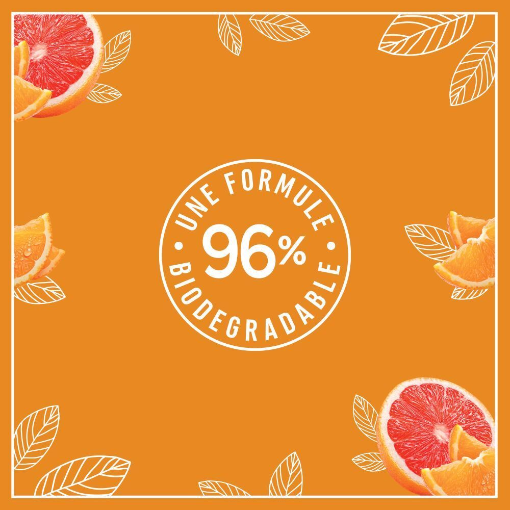 Autocollant rond avec '96% biodégradable'. Fond orange.