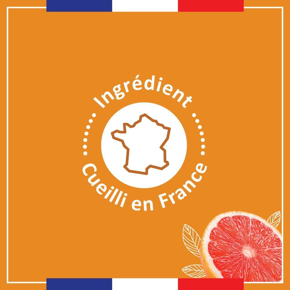 Autocollant rond avec 'Ingrédient Cueilli en France'. Fond orange.