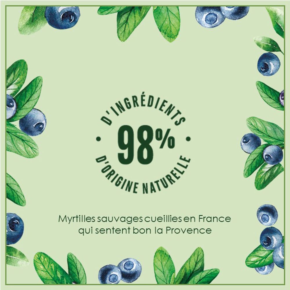 Étiquette circulaire avec texte: 98% d'origine naturelle. Myrtilles et feuilles encadrent l'étiquette.