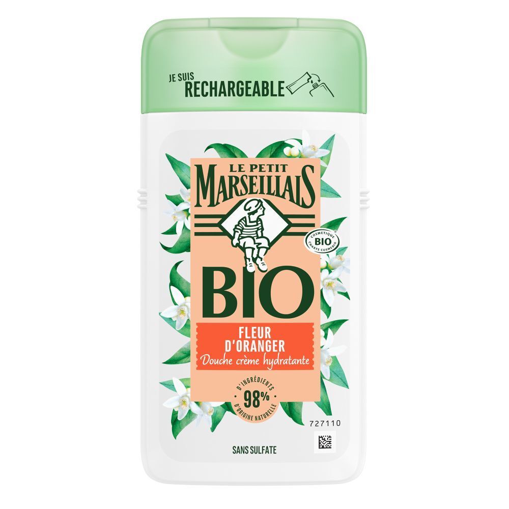 Duschgel von Le Petit Marseillais. Weißer Behälter mit grünem Deckel. Aufschrift: BIO, Fleur d'Oranger, 98% Inhaltsstoffe natürlichen Ursprungs.