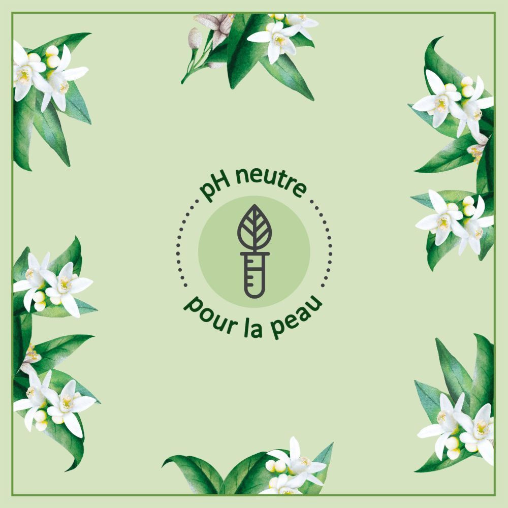 Quadratisches Bild mit grünem Hintergrund und weißen Blüten. Text: pH neutre pour la peau.