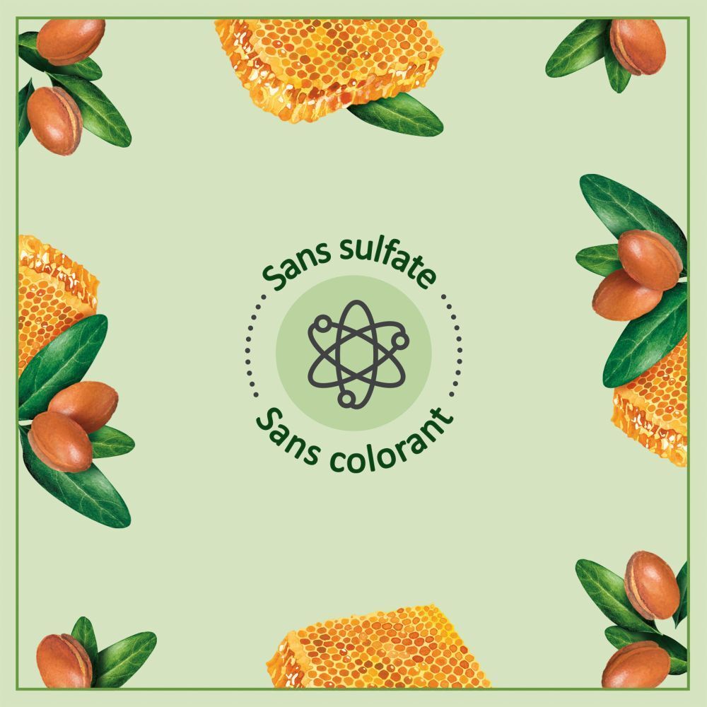 Logo circulaire avec texte: Sans sulfate, Sans colorant. Illustrations de rayon de miel, fruits d'argan et feuilles.