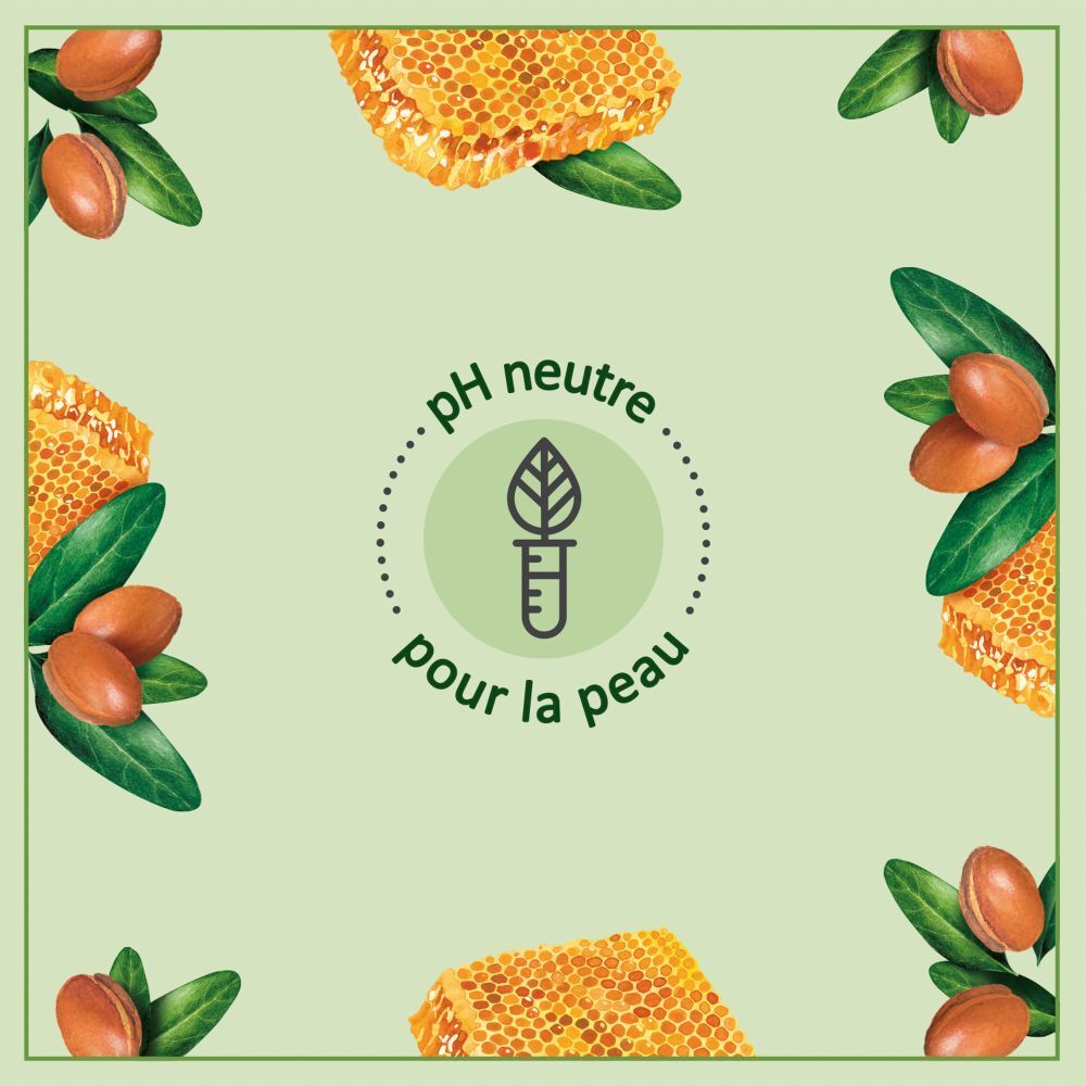 Logo circulaire avec texte: pH neutre pour la peau. Illustrations de rayon de miel, fruits d'argan et feuilles.