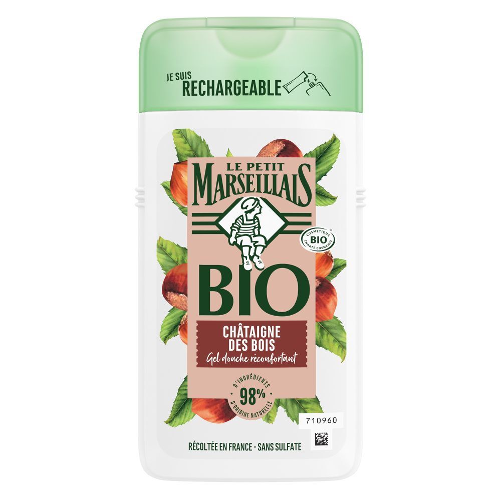 Duschgel-Flasche mit Kastanien-Motiv. Text: Le Petit Marseillais BIO Châtaigne des Bois. 98% Inhaltsstoffe natürlichen Ursprungs.
