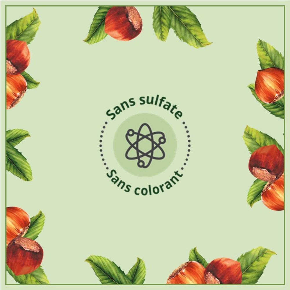 Etikett mit Symbolen für ohne Sulfate und Farbstoffe. Kastanien und Blätter umranden den Text. Grüner Hintergrund.