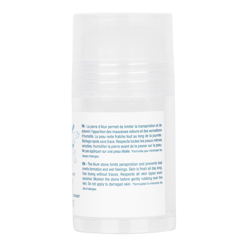 Rückansicht des Deo-Rollers. Text auf weißem Etikett. Französische und englische Beschreibungen.