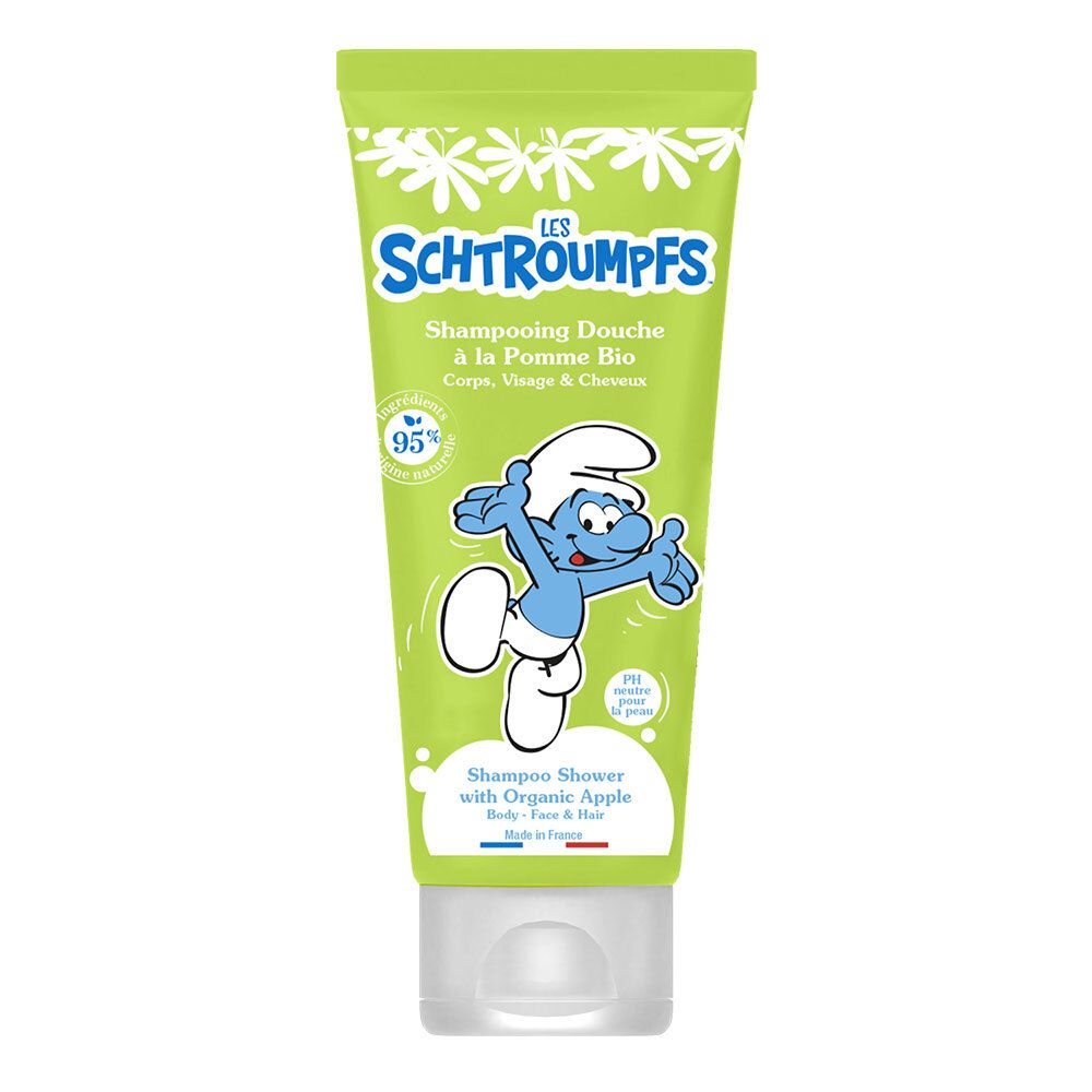 Tube vert avec logo "LES Schtroumpfs" et Schtroumpf. Texte "Shampooing Douche", motif pomme.