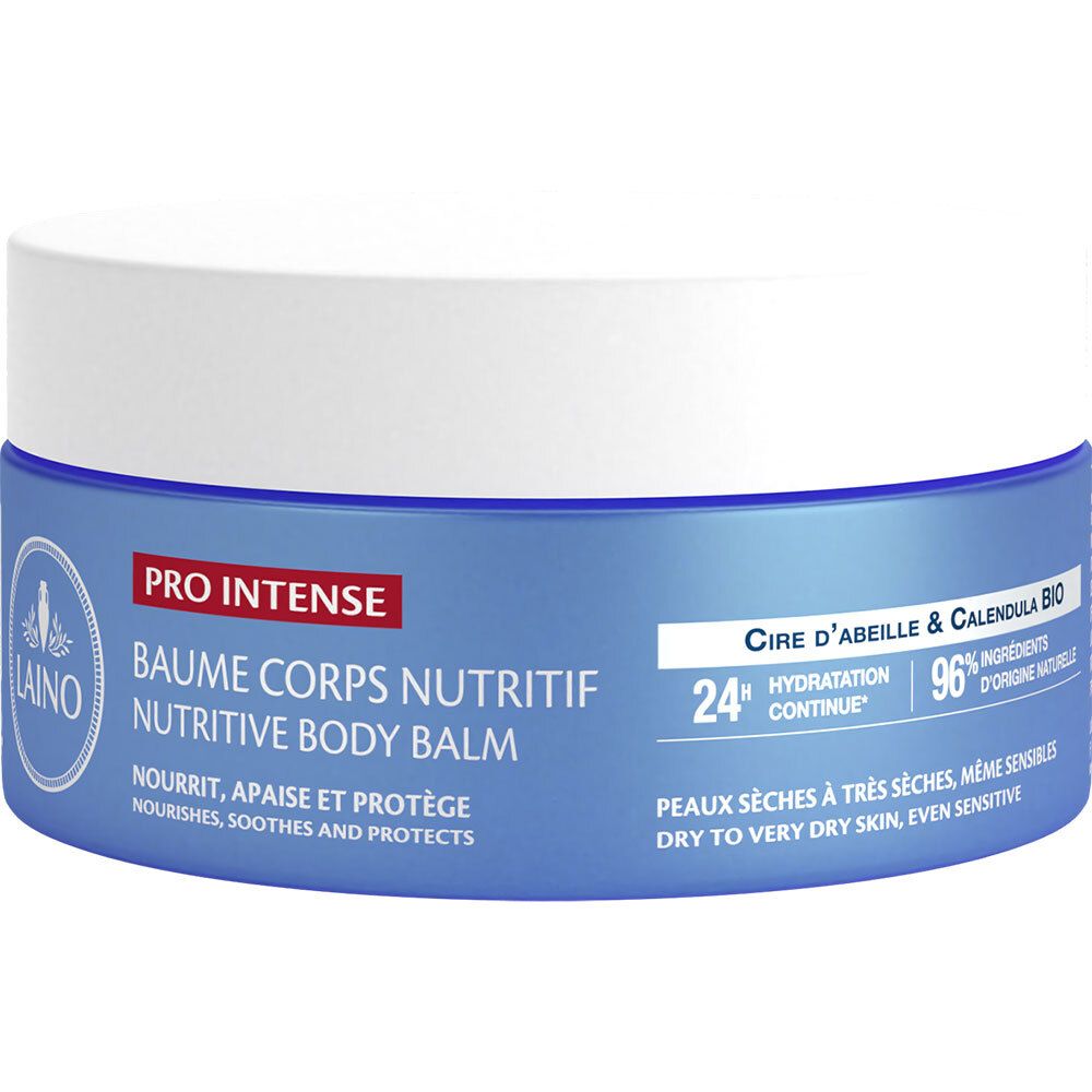 Blauer Tiegel mit weißem Deckel. Aufschrift: LAINO, PRO INTENSE, BAUME CORPS NUTRITIF. Für trockene Haut.