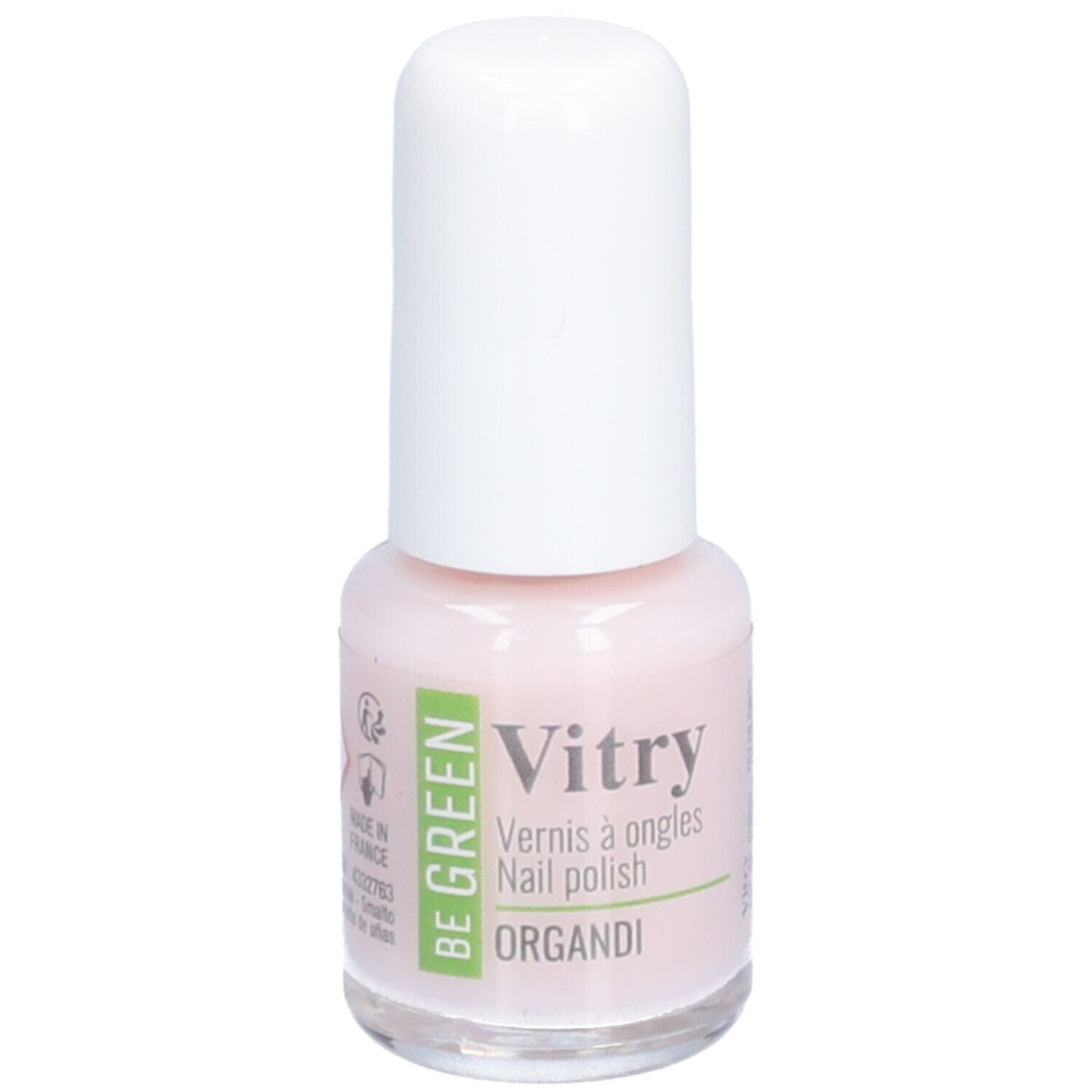Nagellackflasche mit weißem Deckel. Aufschrift: Vitry, BE GREEN, Organdi. Rosa Farbton.