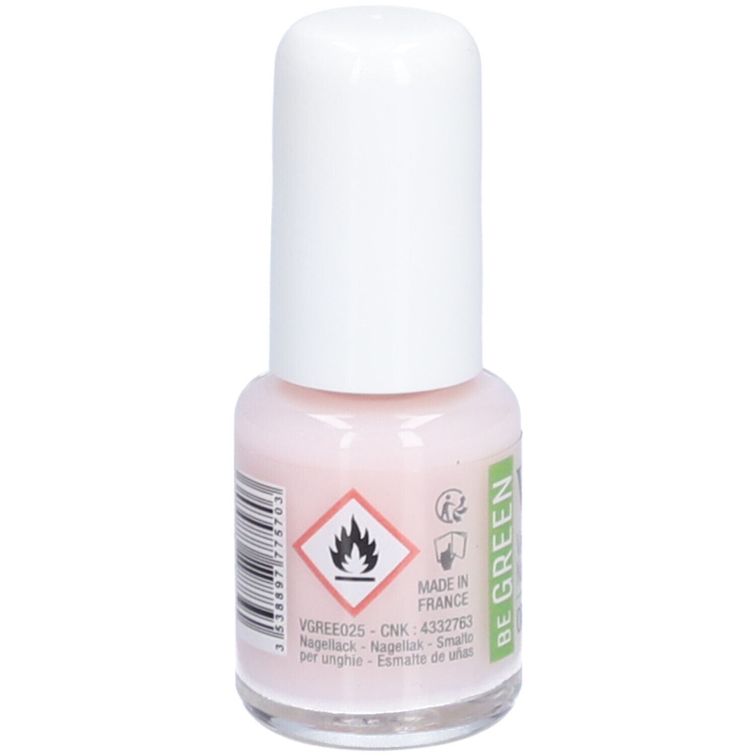 Nagellackflasche mit weißem Deckel. Aufschrift: Vitry, BE GREEN, Organdi. Rosa Farbton. Gefahrensymbol.