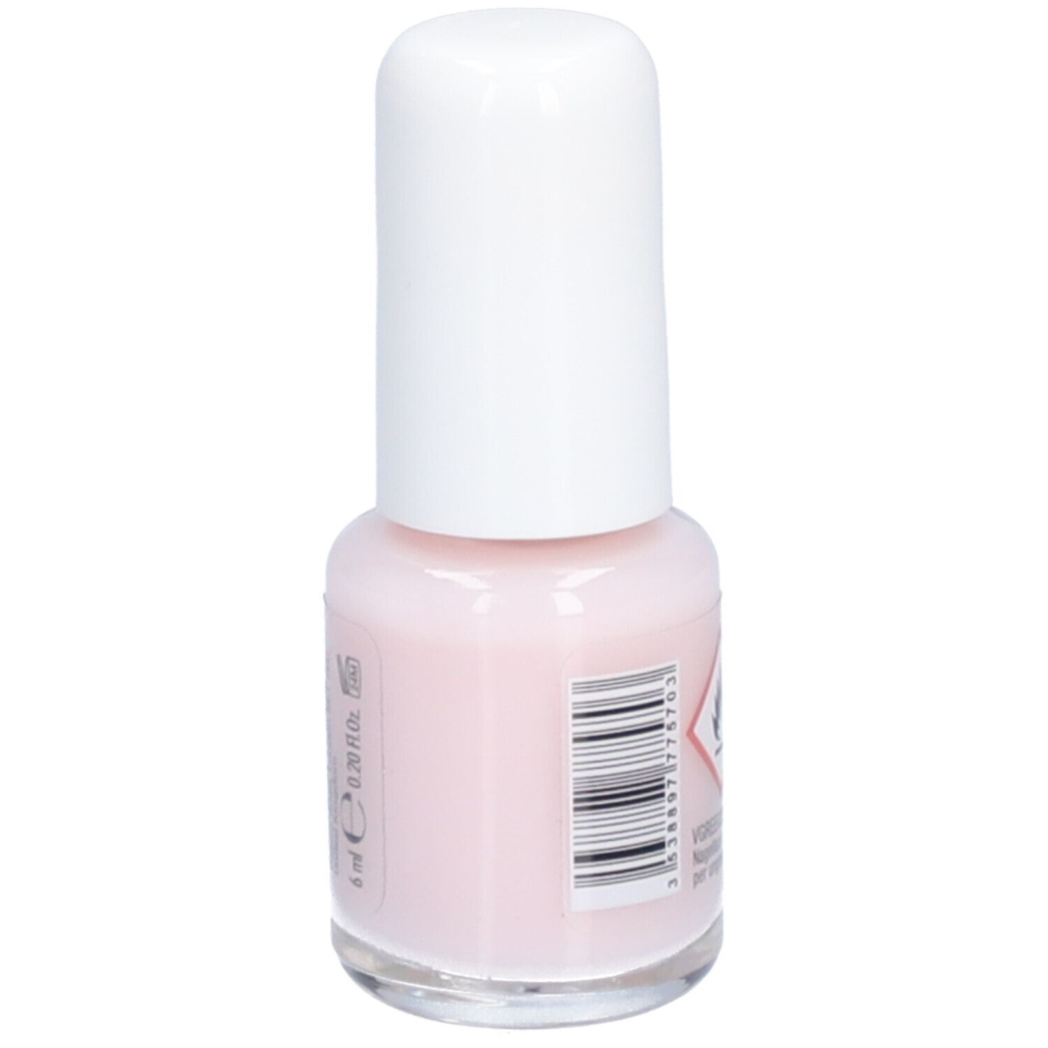 Nagellackflasche mit weißem Deckel. Rosa Farbton. Barcode und Warnhinweis.