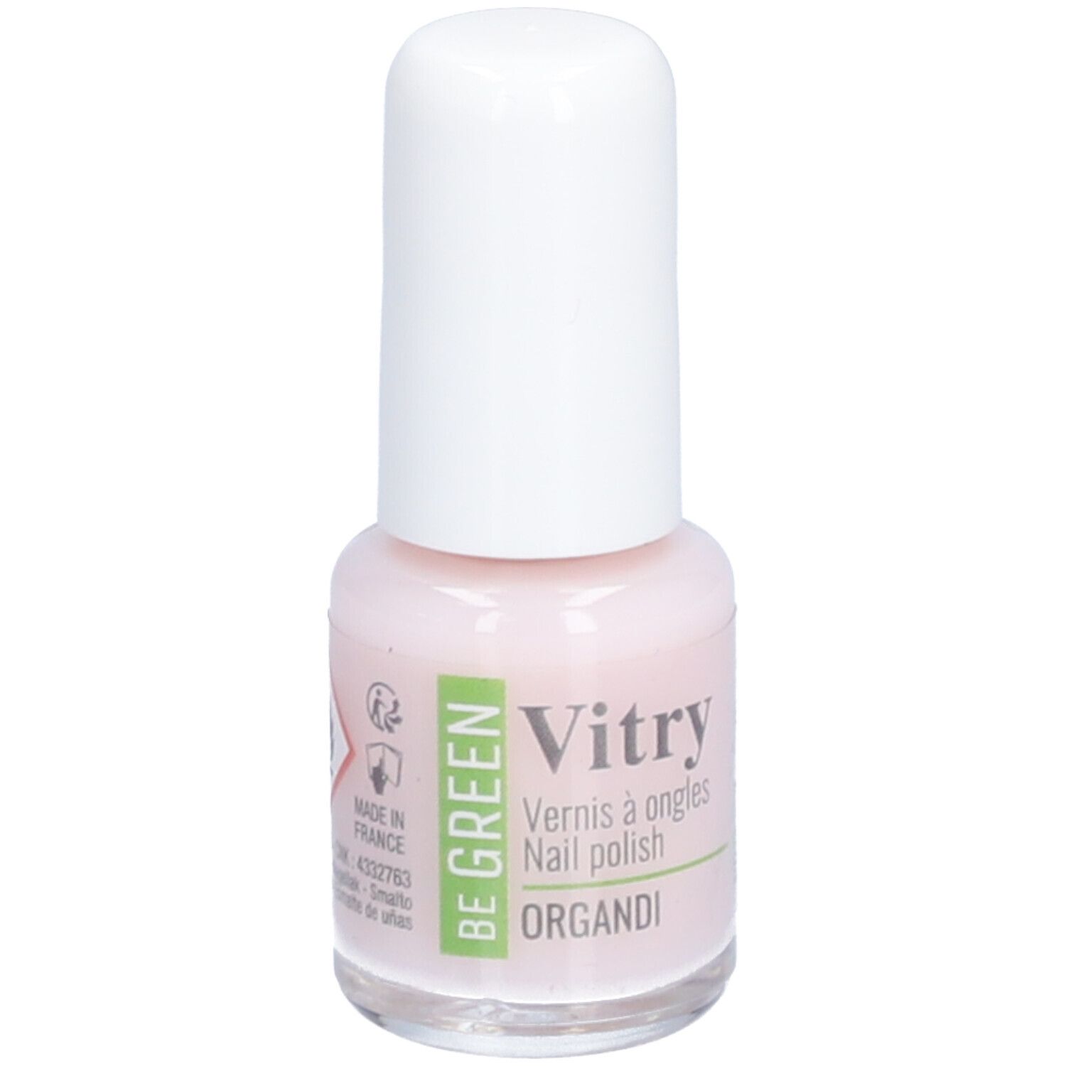 Nagellackflasche mit weißem Deckel. Aufschrift: Vitry, BE GREEN, Organdi. Rosa Farbton.