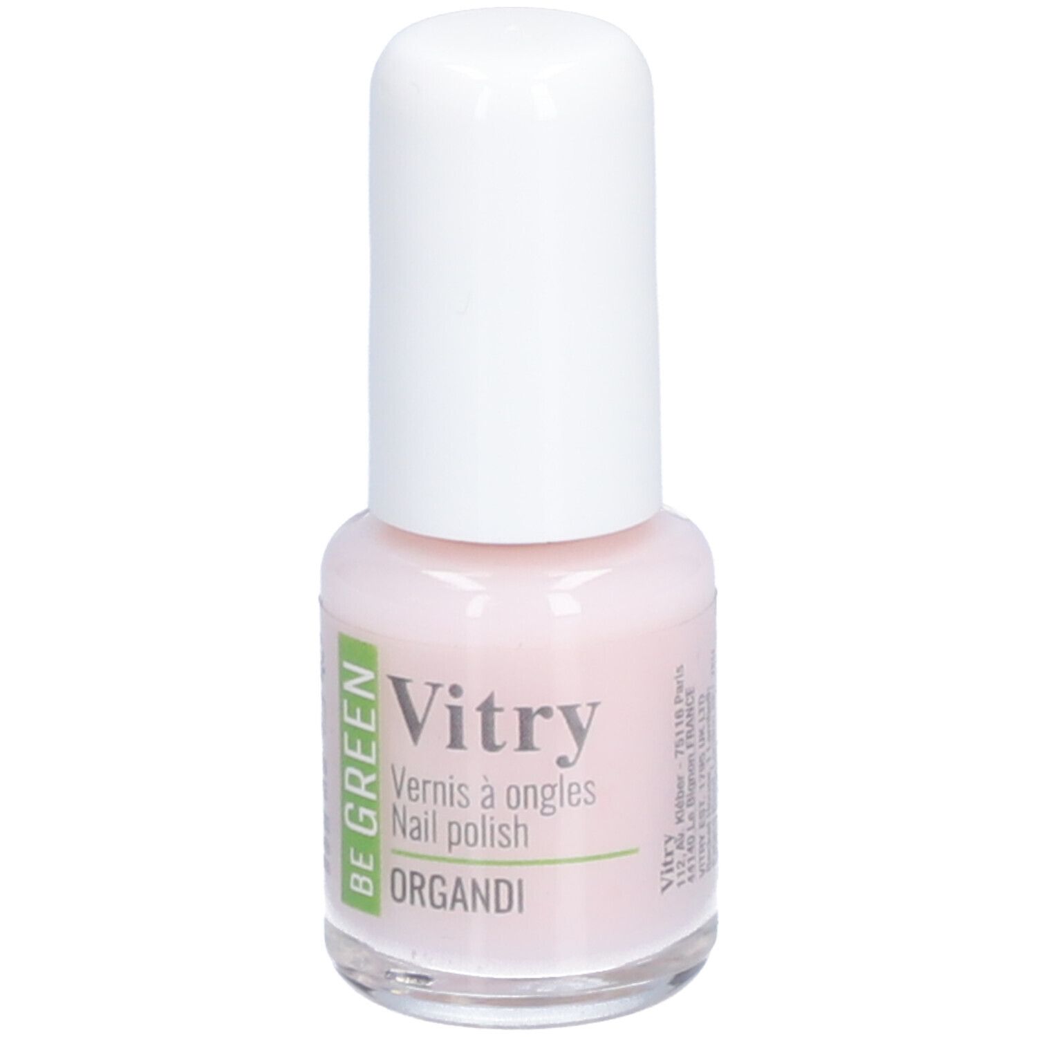 Nagellackflasche mit weißem Deckel. Aufschrift: Vitry, BE GREEN, Organdi. Rosa Farbton.