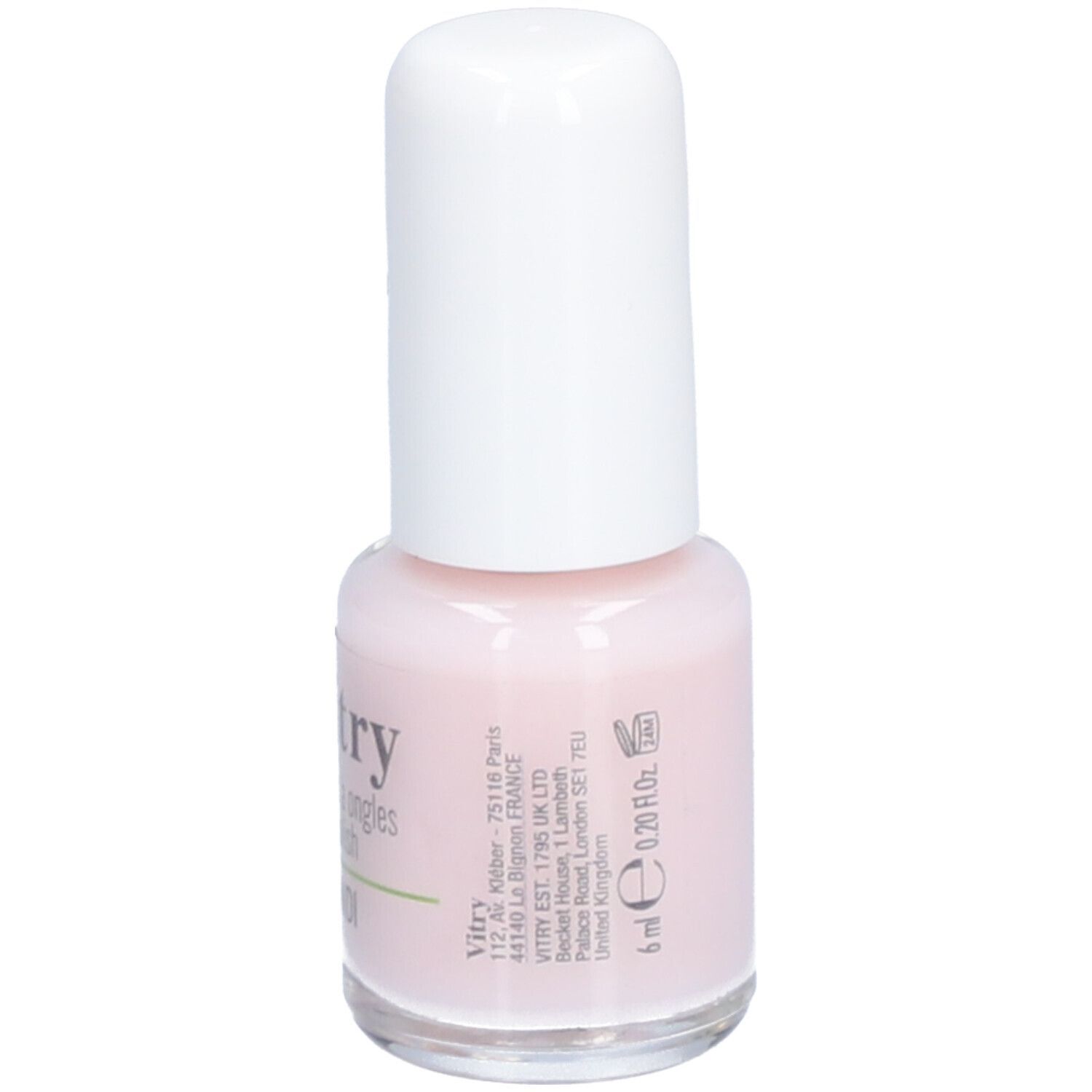 Nagellackflasche mit weißem Deckel. Aufschrift: Vitry, BE GREEN, Organdi. Rosa Farbton. Volumen: 6 ml.