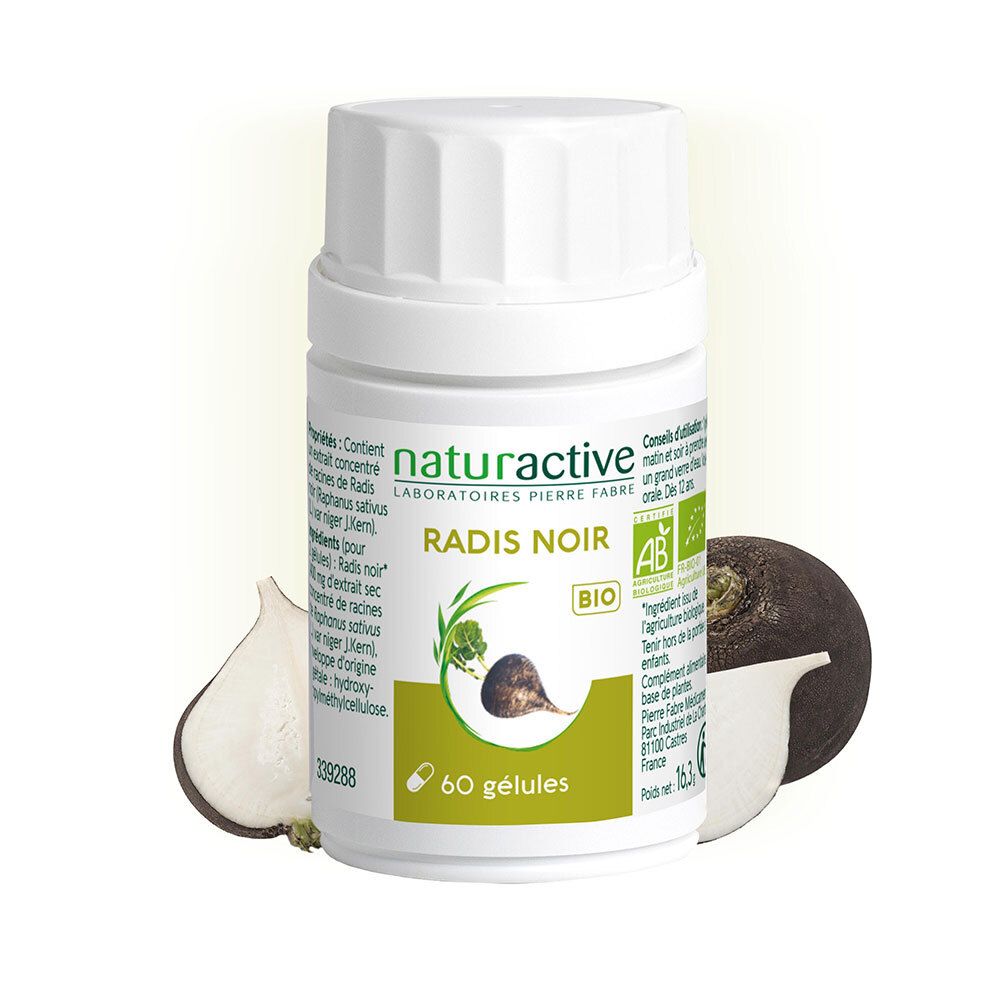 Weiße Kapsel-Dose mit Aufschrift Radis Noir, 60 Kapseln. AB-Bio-Siegel. Rettich-Abbildung.