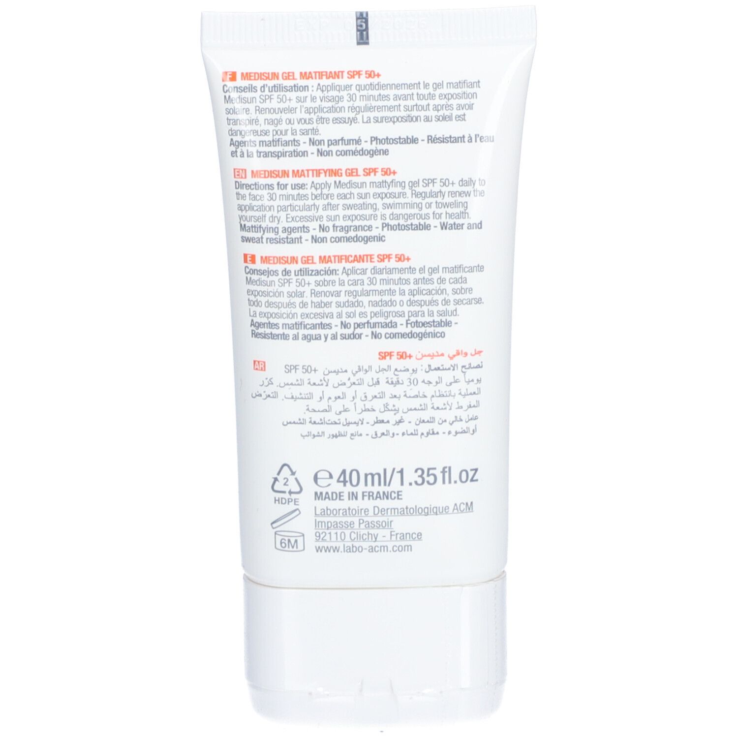 Rückseite der Tube ACM Médisun Mattierendes Gel SPF 50+. Enthält Text in mehreren Sprachen, einschließlich Französisch.