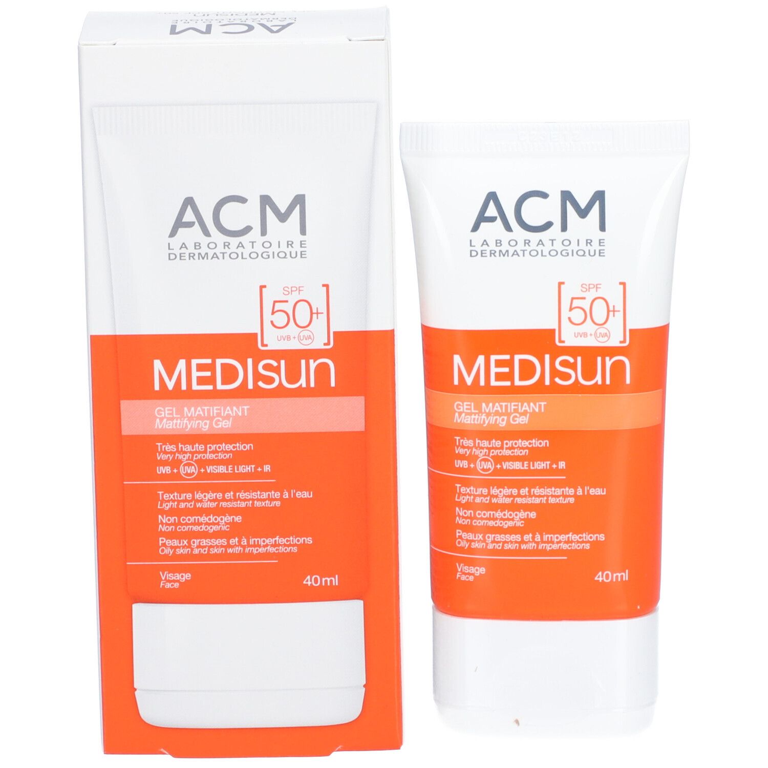 ACM Médisun Mattierendes Gel SPF 50+ und Verpackung. Tube und Schachtel. Orange und weiß. 40ml. Text auf Französisch.