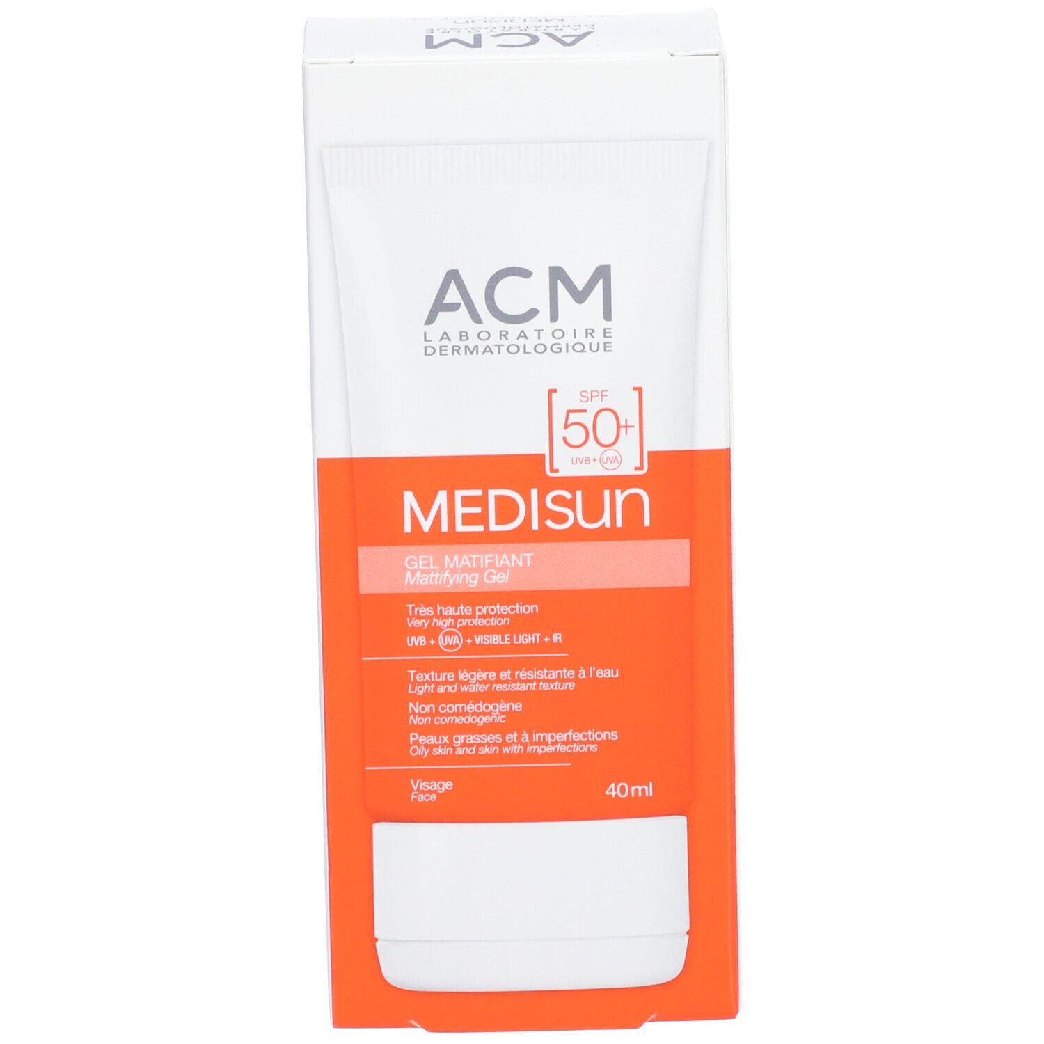 ACM Médisun Mattierendes Gel SPF 50+ in Verpackung. Orange und weiß. 40ml. Text auf Französisch.