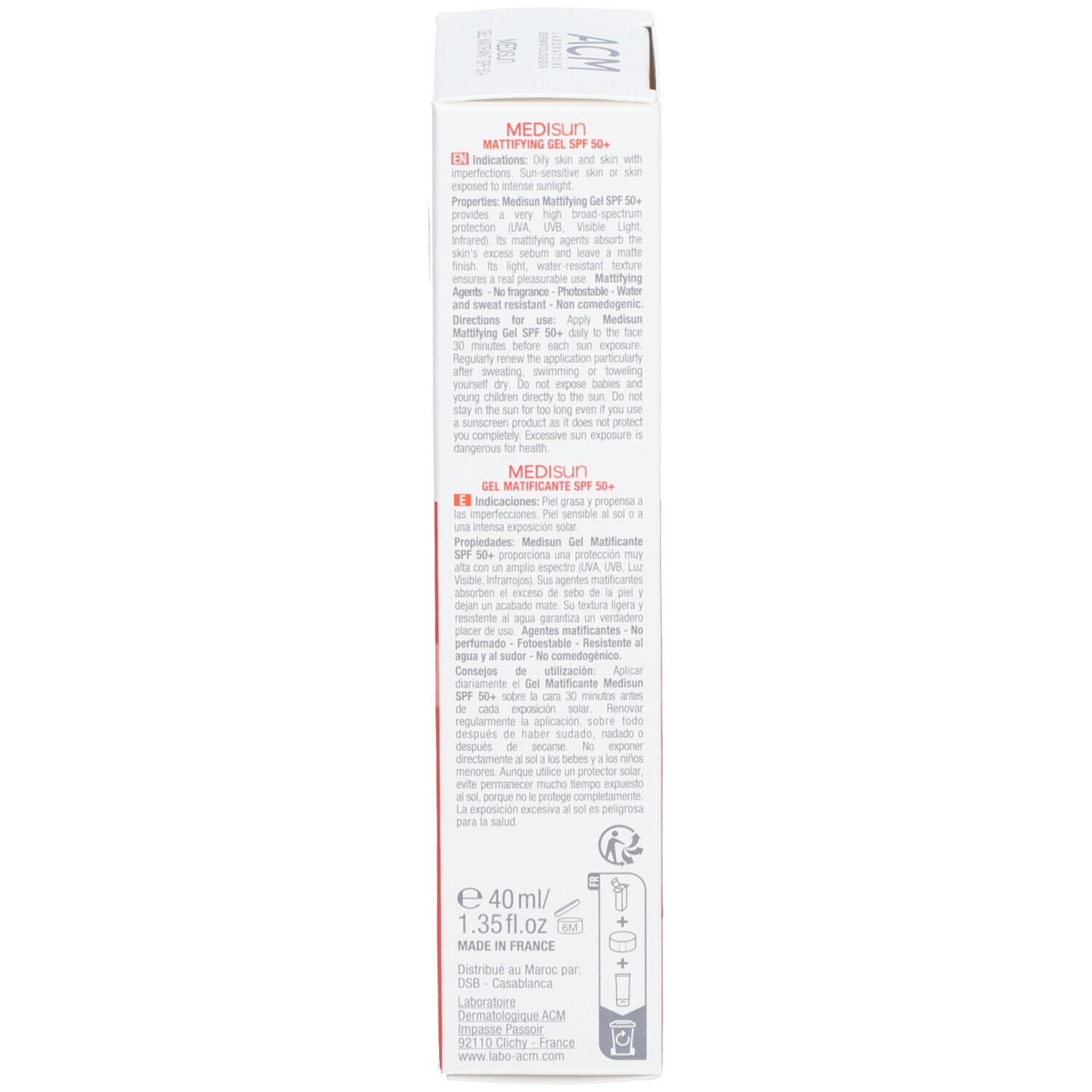 Verpackung ACM Médisun Mattierendes Gel SPF 50+. Orange und weiß. Text in mehreren Sprachen, einschließlich Französisch.