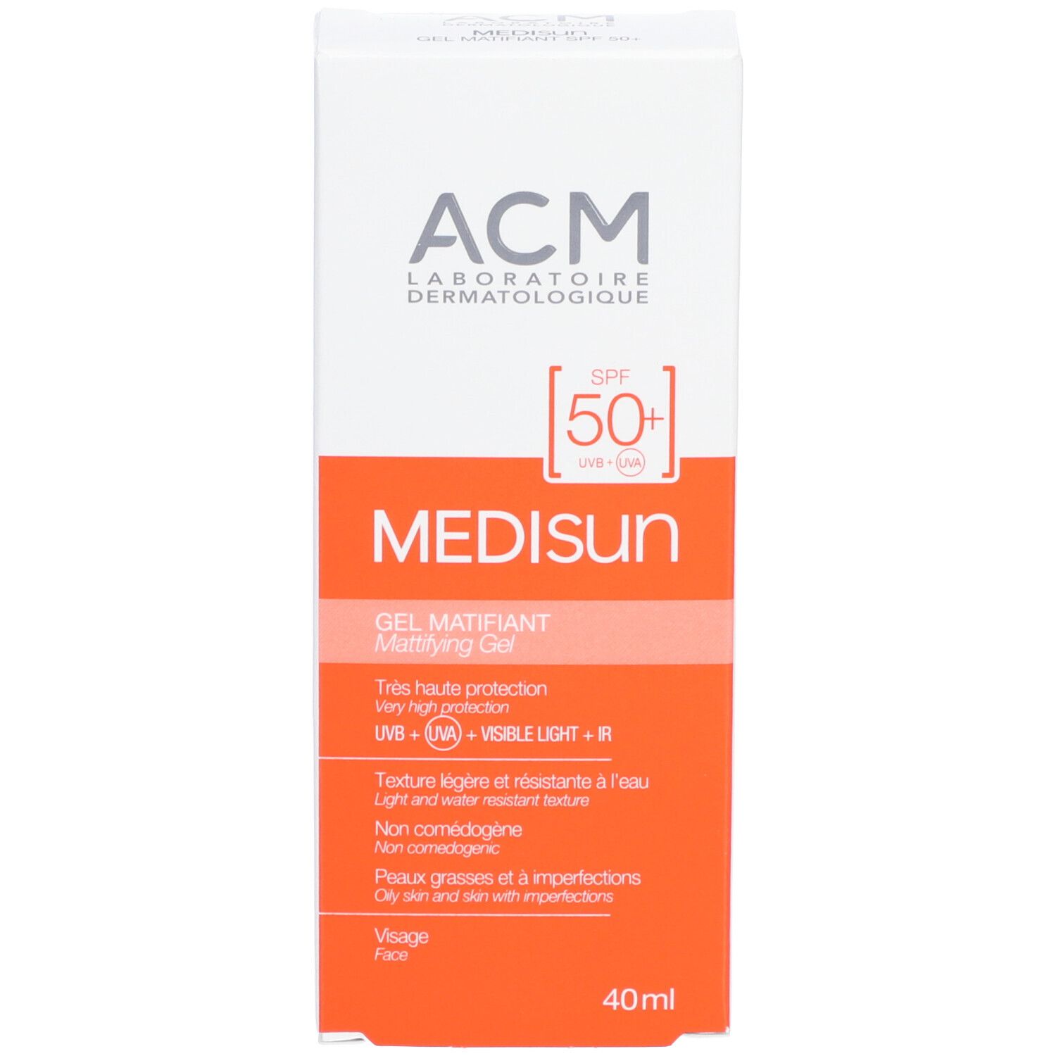 ACM Médisun Mattierendes Gel SPF 50+ Tube. Orange und weiß. 40ml. Text auf Französisch.