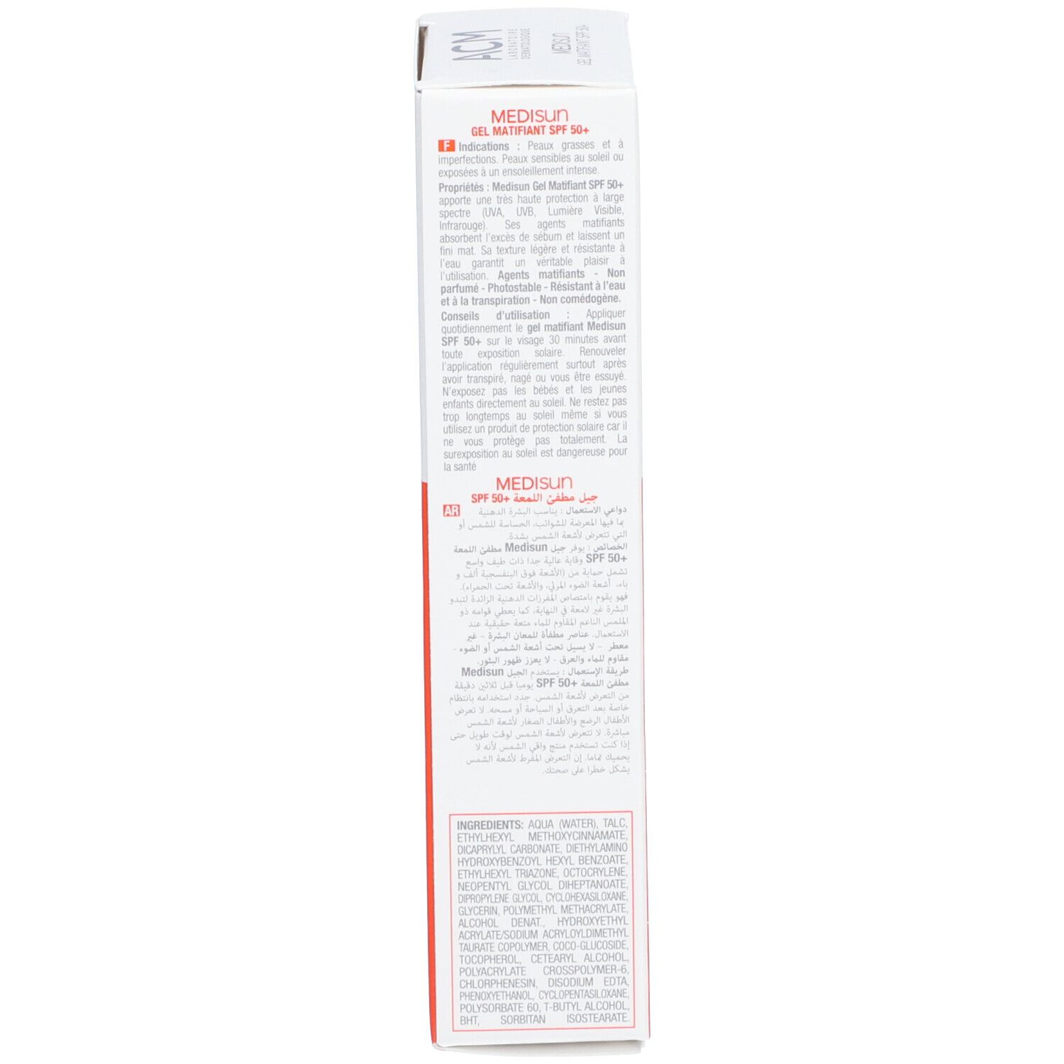 Verpackung ACM Médisun Mattierendes Gel SPF 50+. Orange und weiß. Text in mehreren Sprachen, einschließlich Französisch.