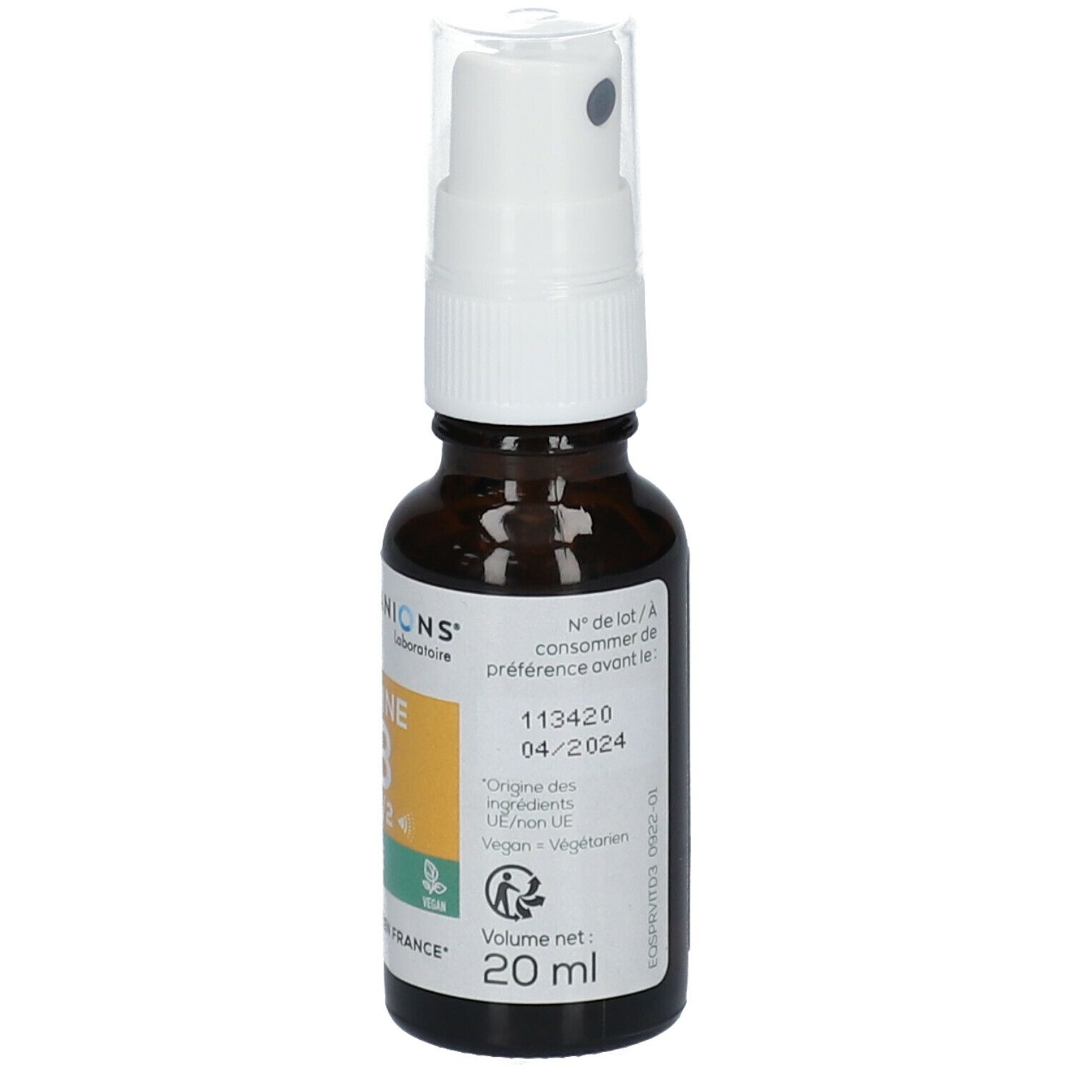 Braune Glasflasche mit weißem Sprühkopf. Aufkleber mit Text: Vitamine D3, 1000 UI, 20 ml. Marke: GRANIONS. Mindesthaltbarkeitsdatum.