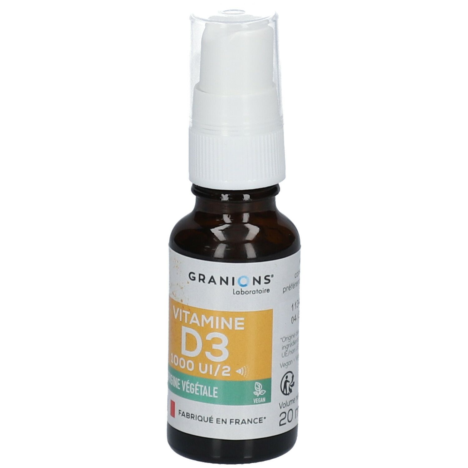 Braune Glasflasche mit weißem Sprühkopf. Aufkleber mit Text: Vitamine D3 1000 UI/2, Origine Végétale. Marke: GRANIONS. 20 ml.