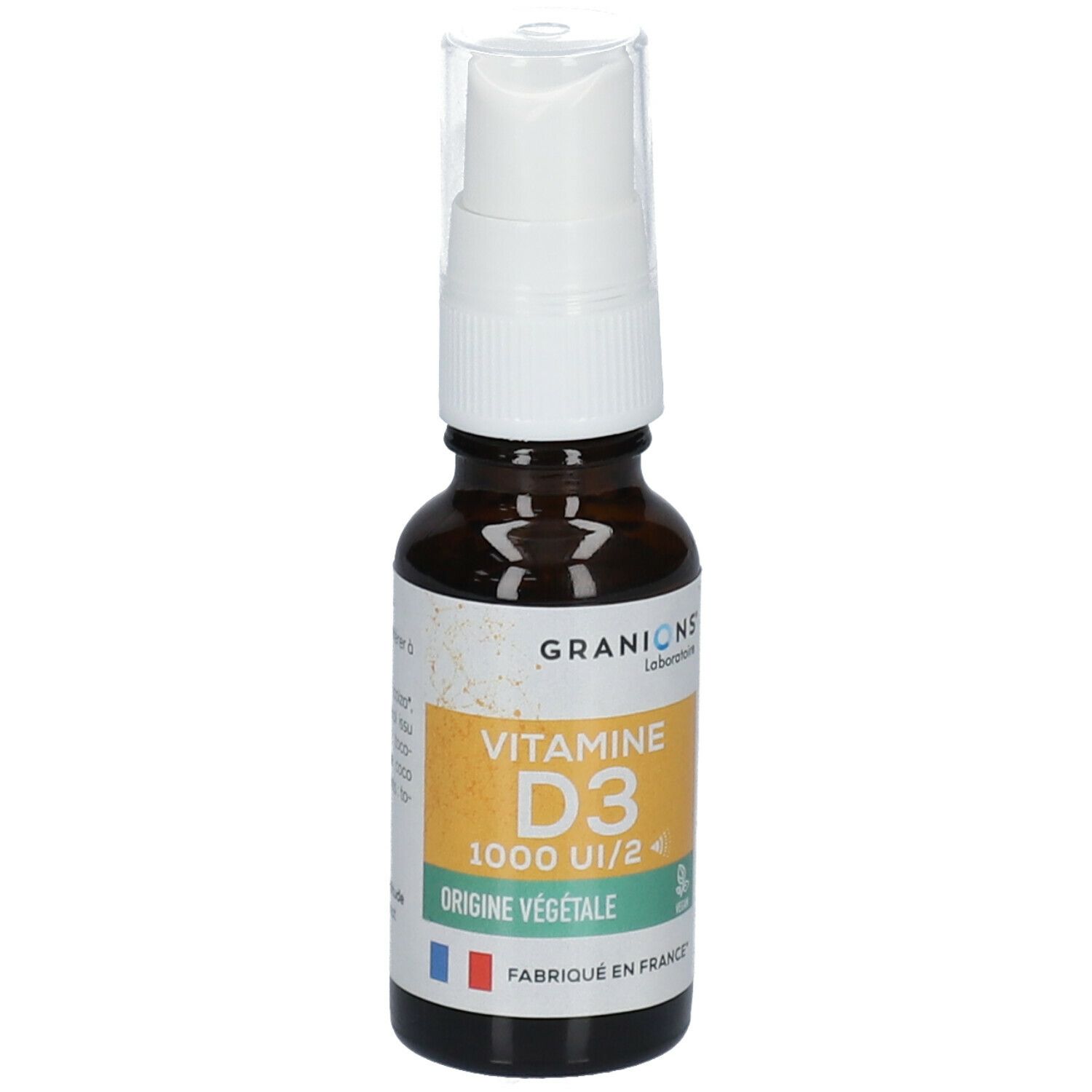 Braune Glasflasche mit weißem Sprühkopf. Aufkleber mit Text: Vitamine D3 1000 UI/2, Origine Végétale. Marke: GRANIONS. 20 ml.