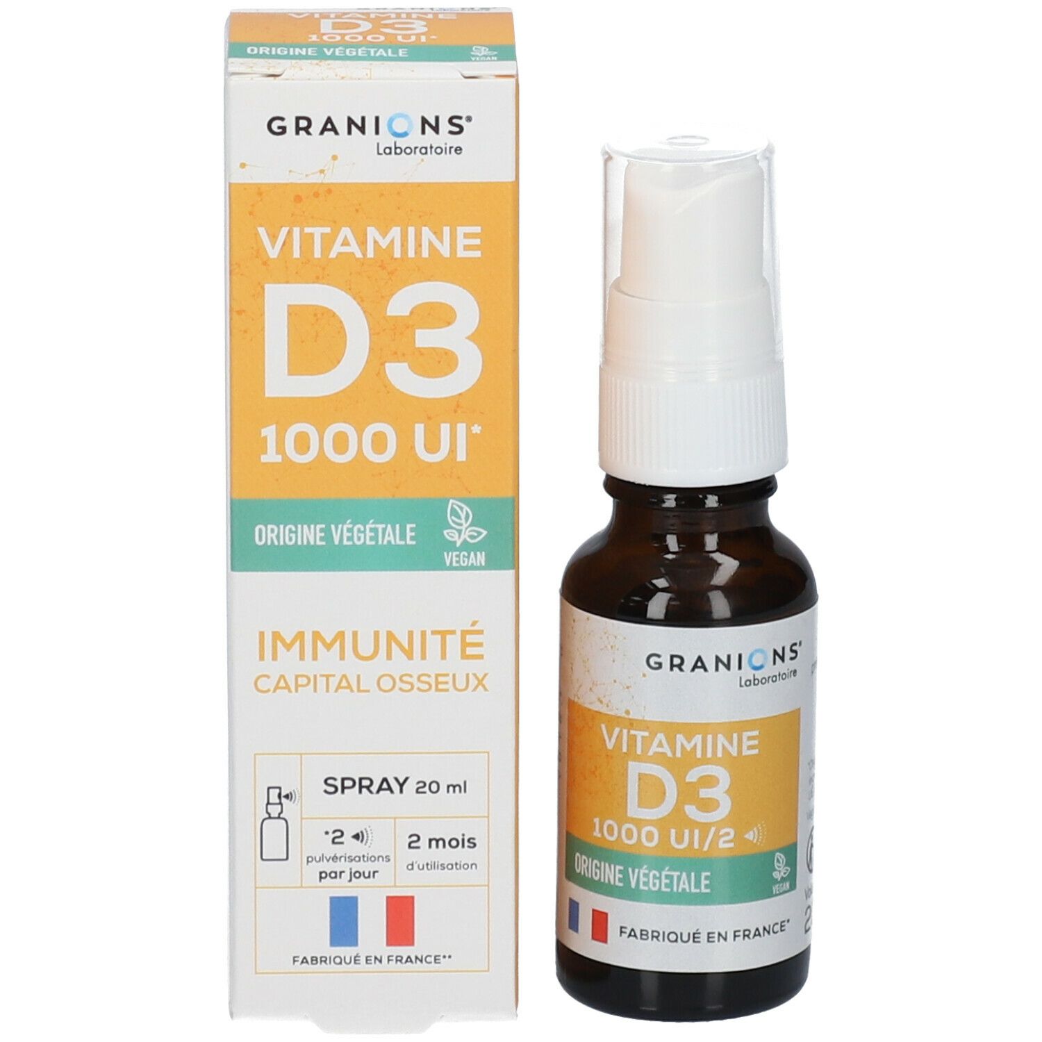 Produkt und Verpackung. Braune Flasche mit weißem Sprühkopf und Karton. Aufschrift: Vitamine D3 1000 UI, Origine Végétale. Marke: GRANIONS.